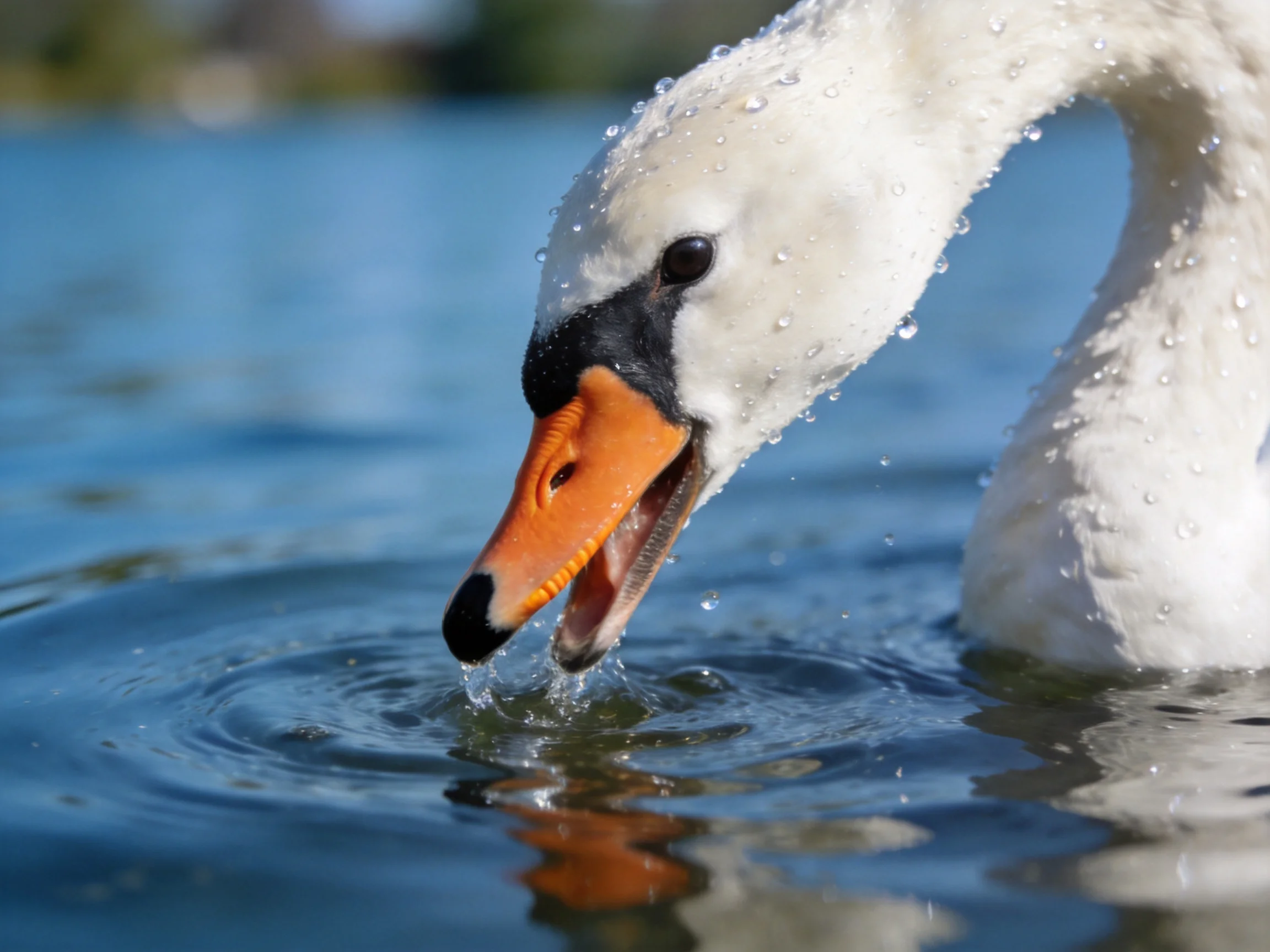 A white swan with an orange beak drinks from calm blue water