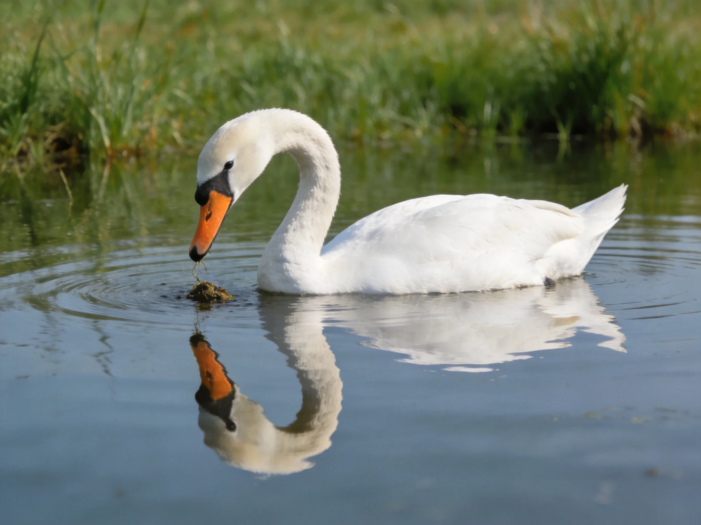 A white swan feeds in calm water close greenery visible in the background.