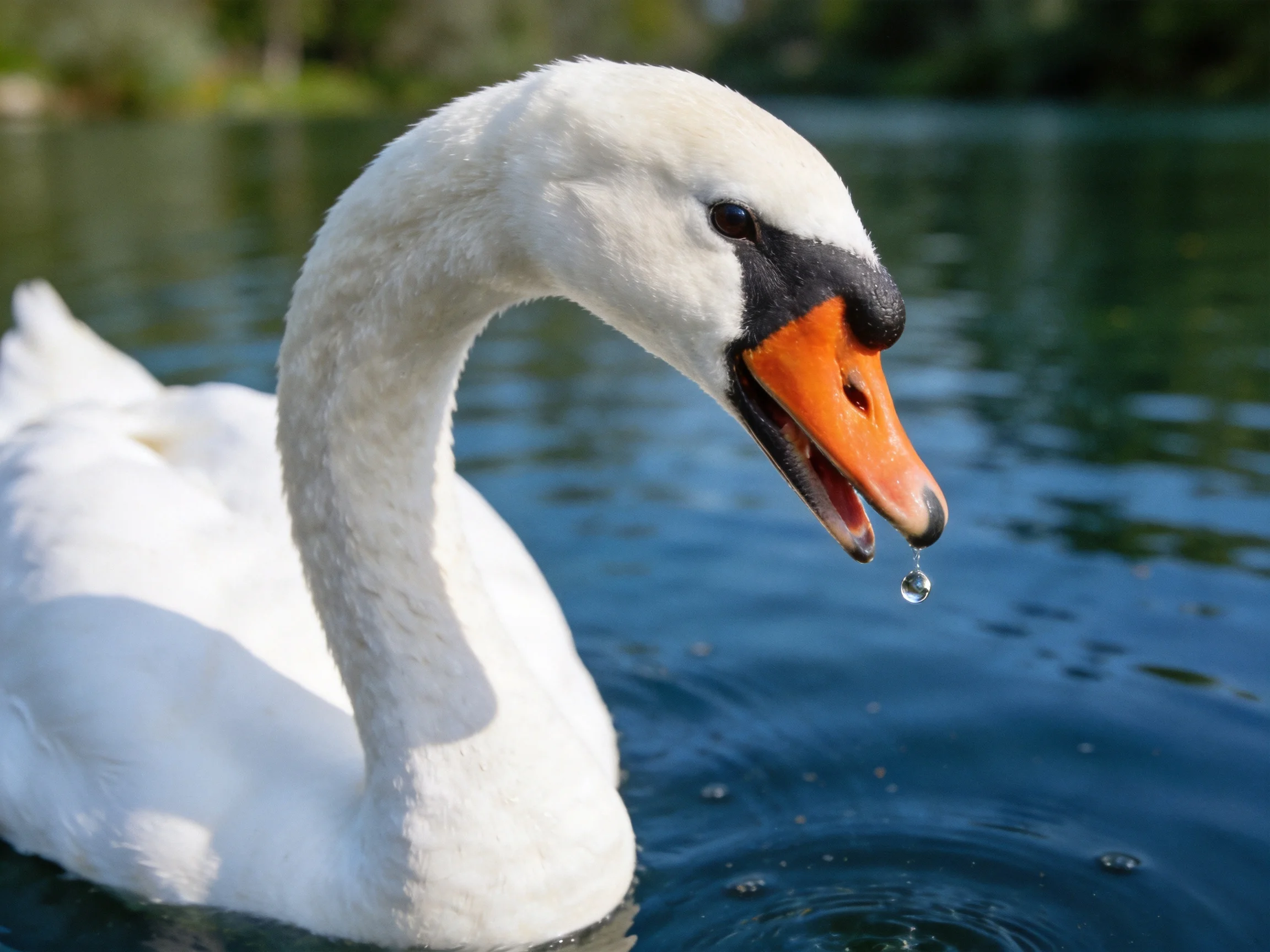 A white swan with an orange beak floats on calm blue water.