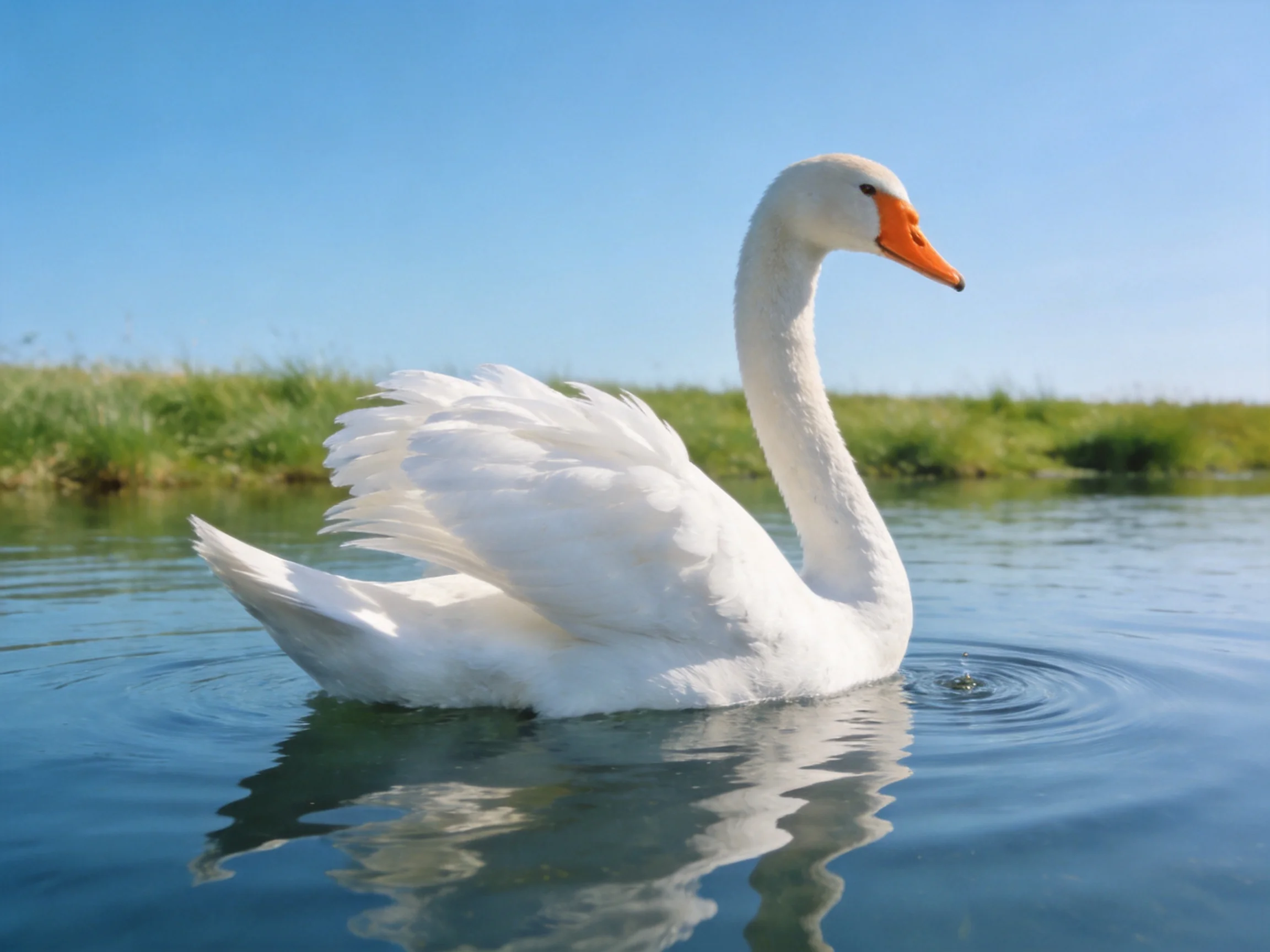 A white swan with an orange beak floats on calm water near greenery.