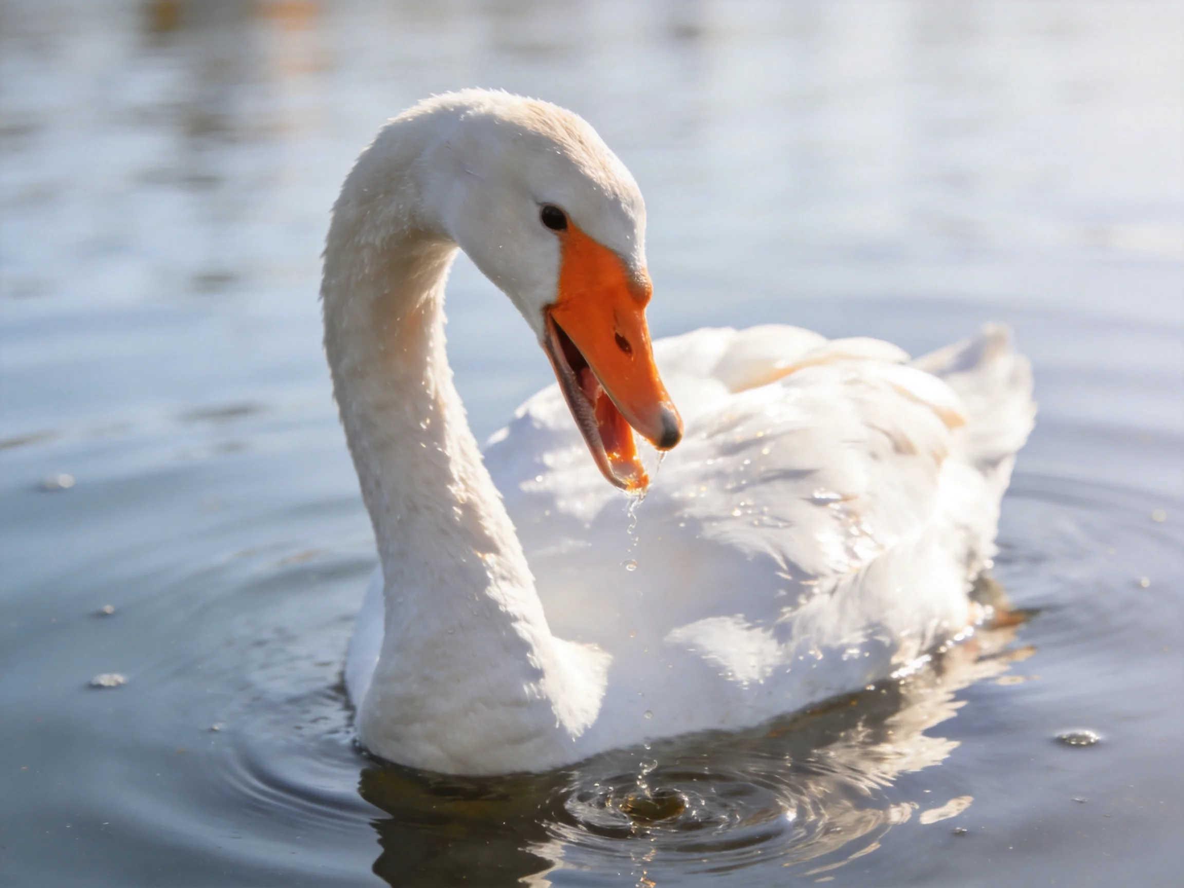 A white swan with an orange beak gliding through calm water