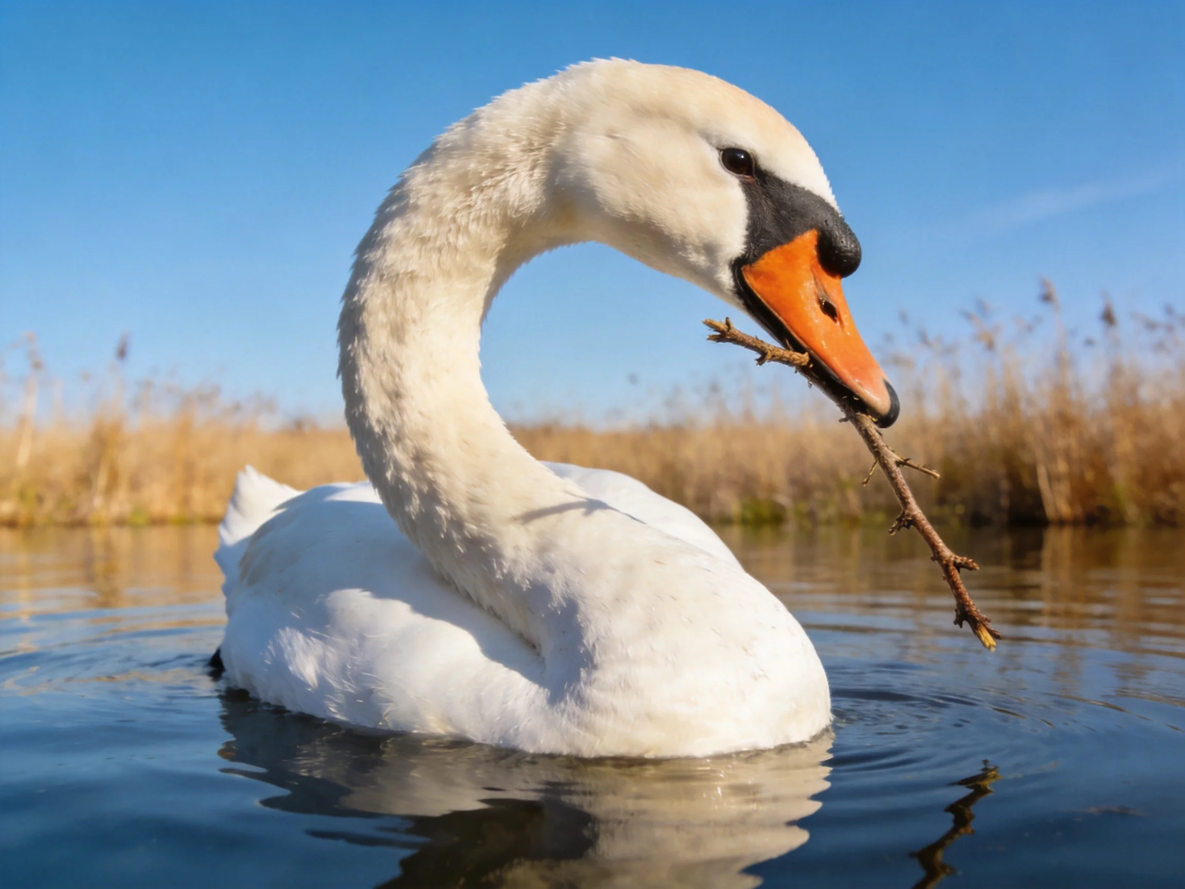 A white swan with an orange beak carries a branch near reeds in calm water.