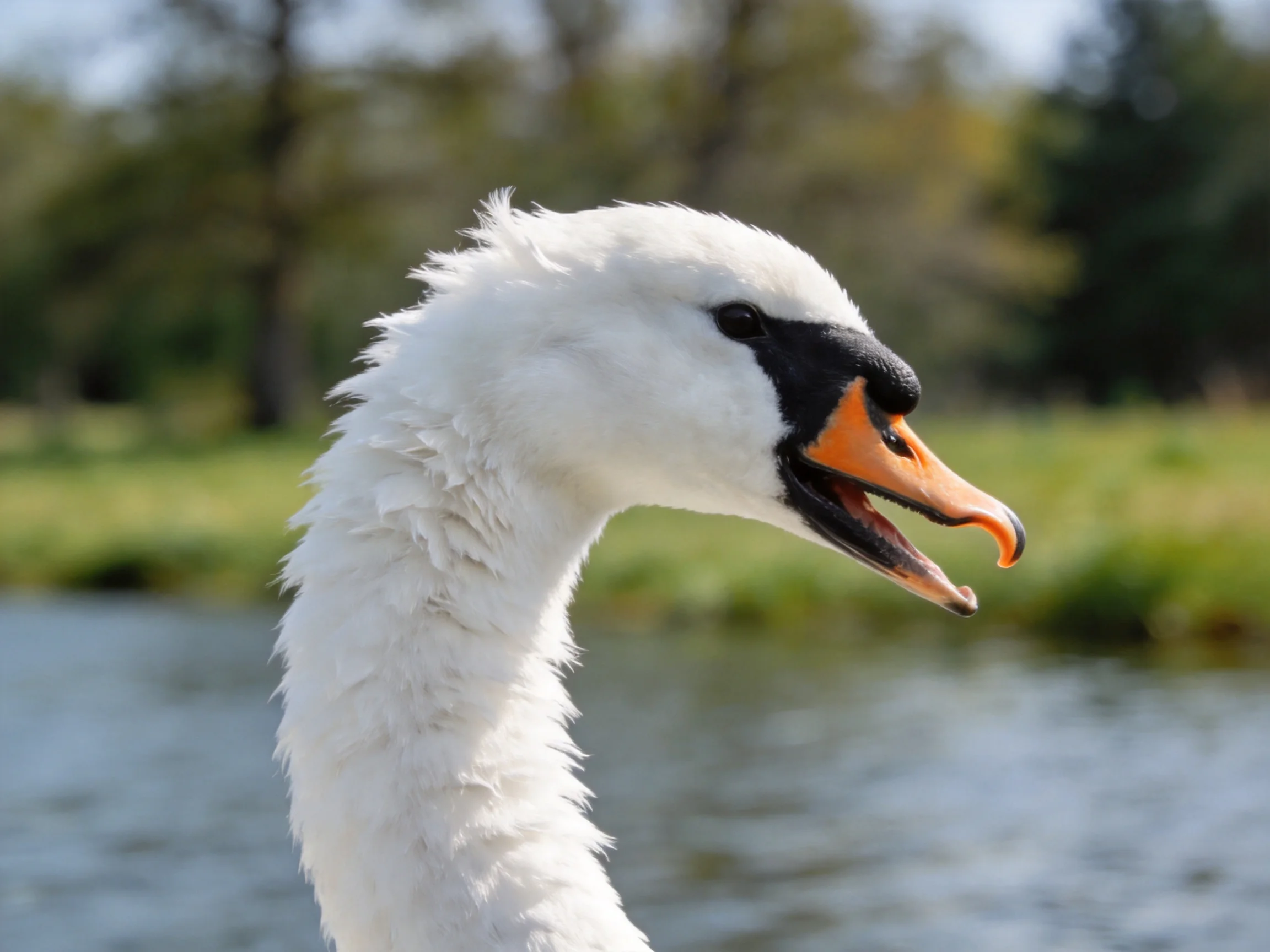 A white swan with an orange beak is photographed near water.