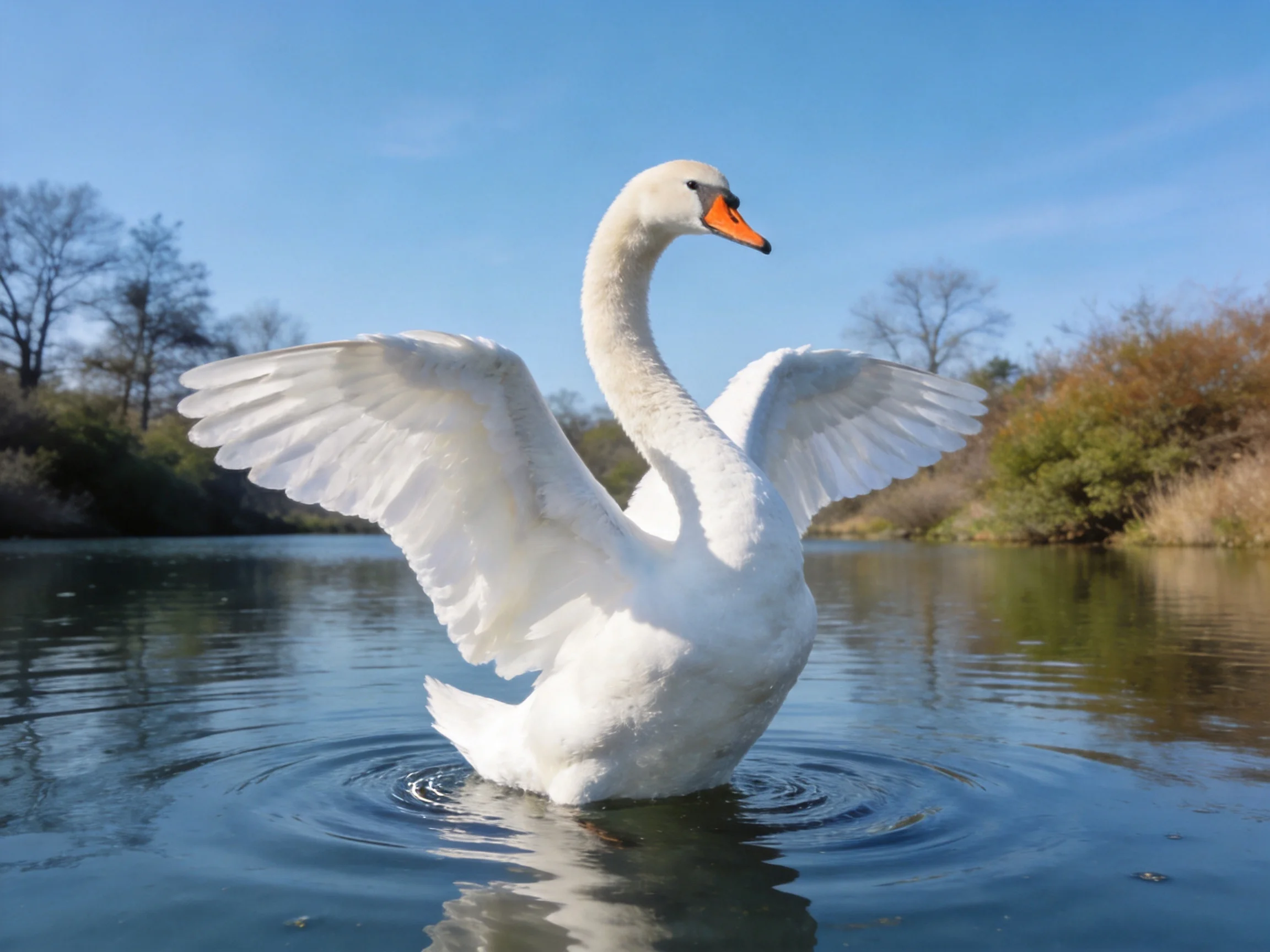 A white swan spreads wings in tranquil waters near natural vegetation.