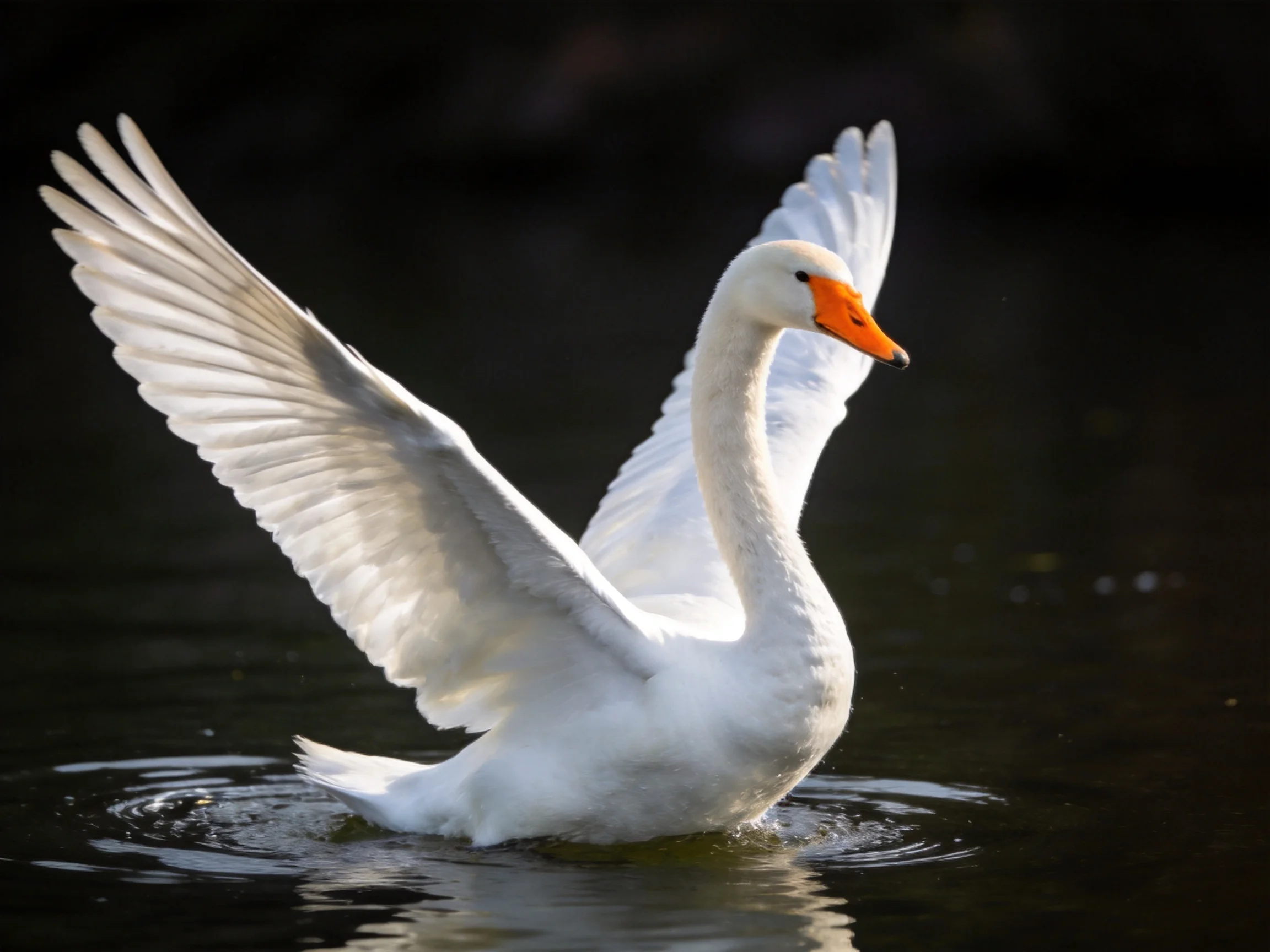 A white swan spreads wings while swimming in dark water.
