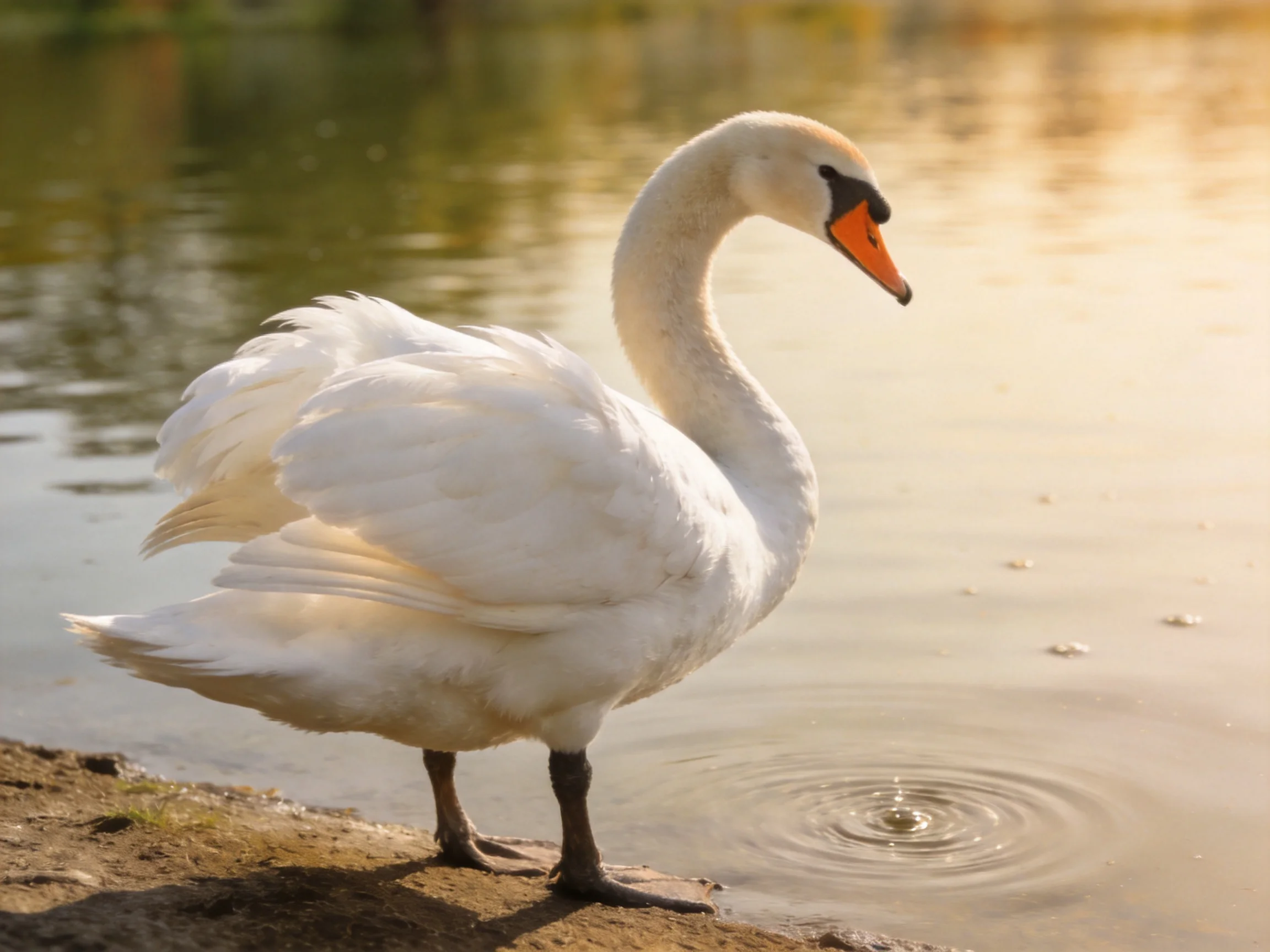 White swan with orange beak near calm water