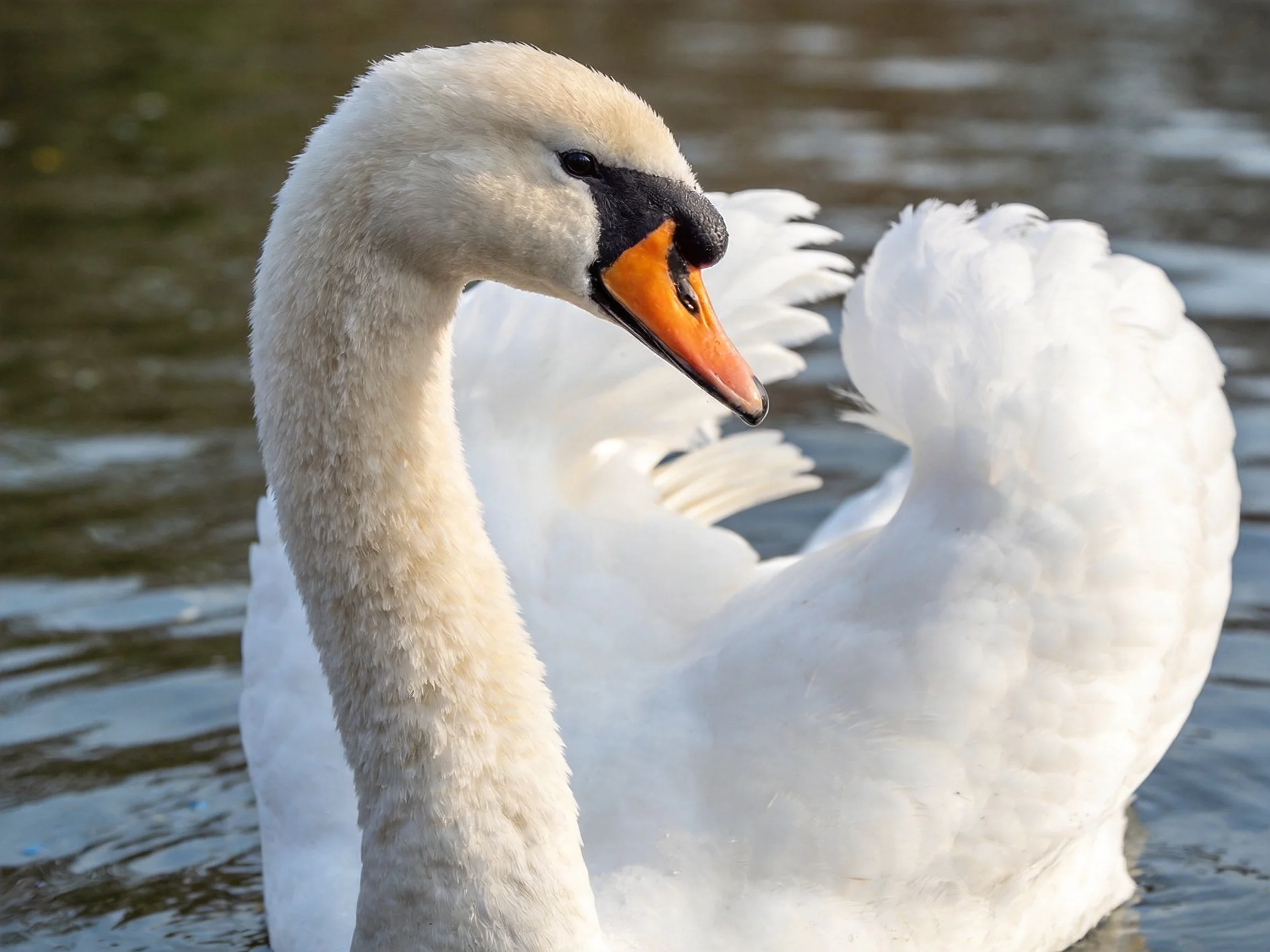 A white swan with an orange beak gracefully swims in calm water.