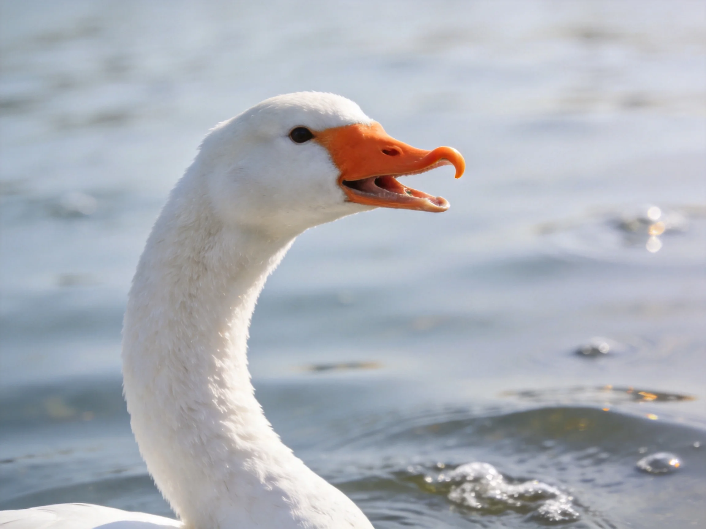 A white swan with an open beak swims in calm water.