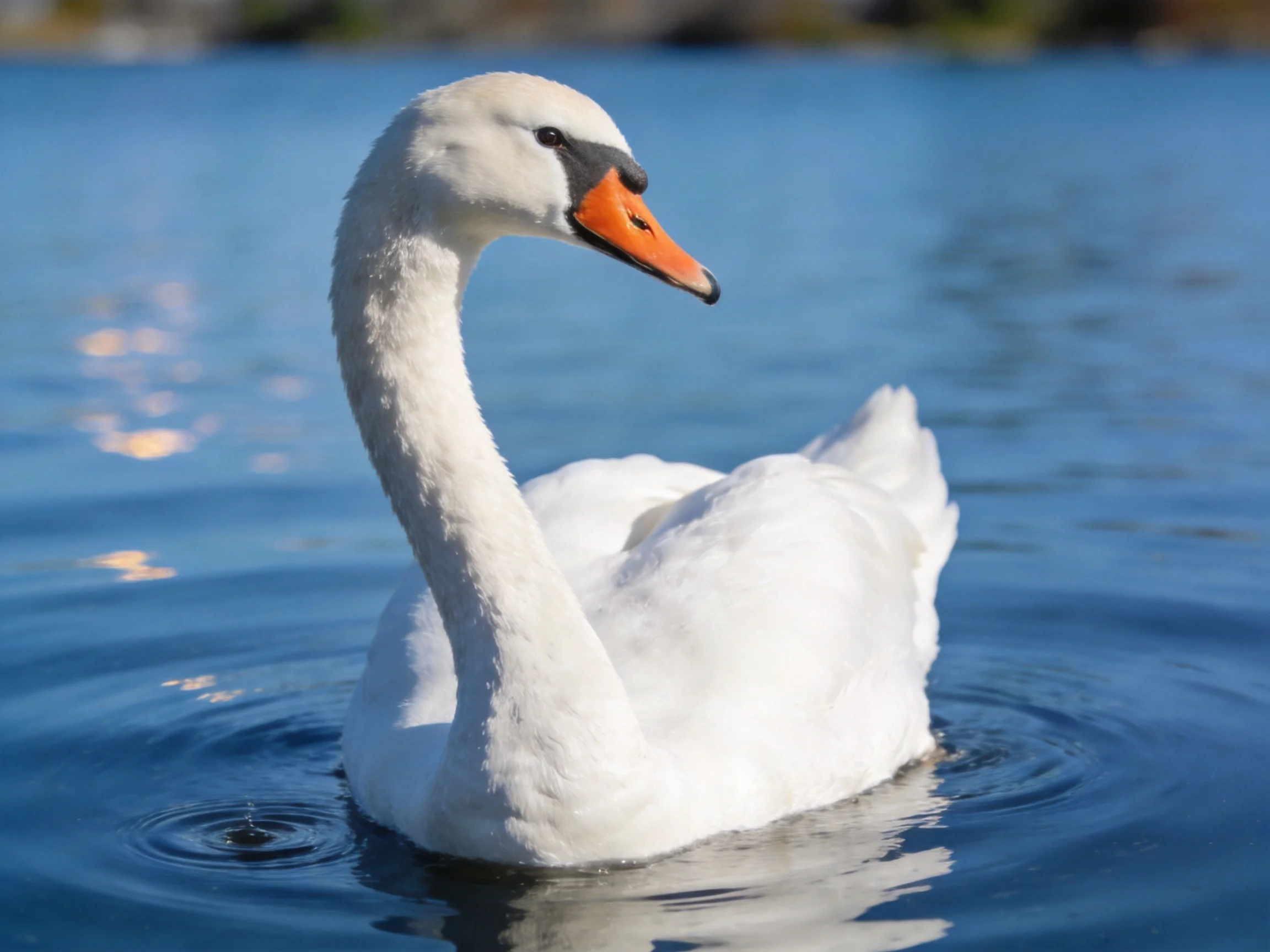 A white swan with an orange beak swims peacefully in calm blue water.