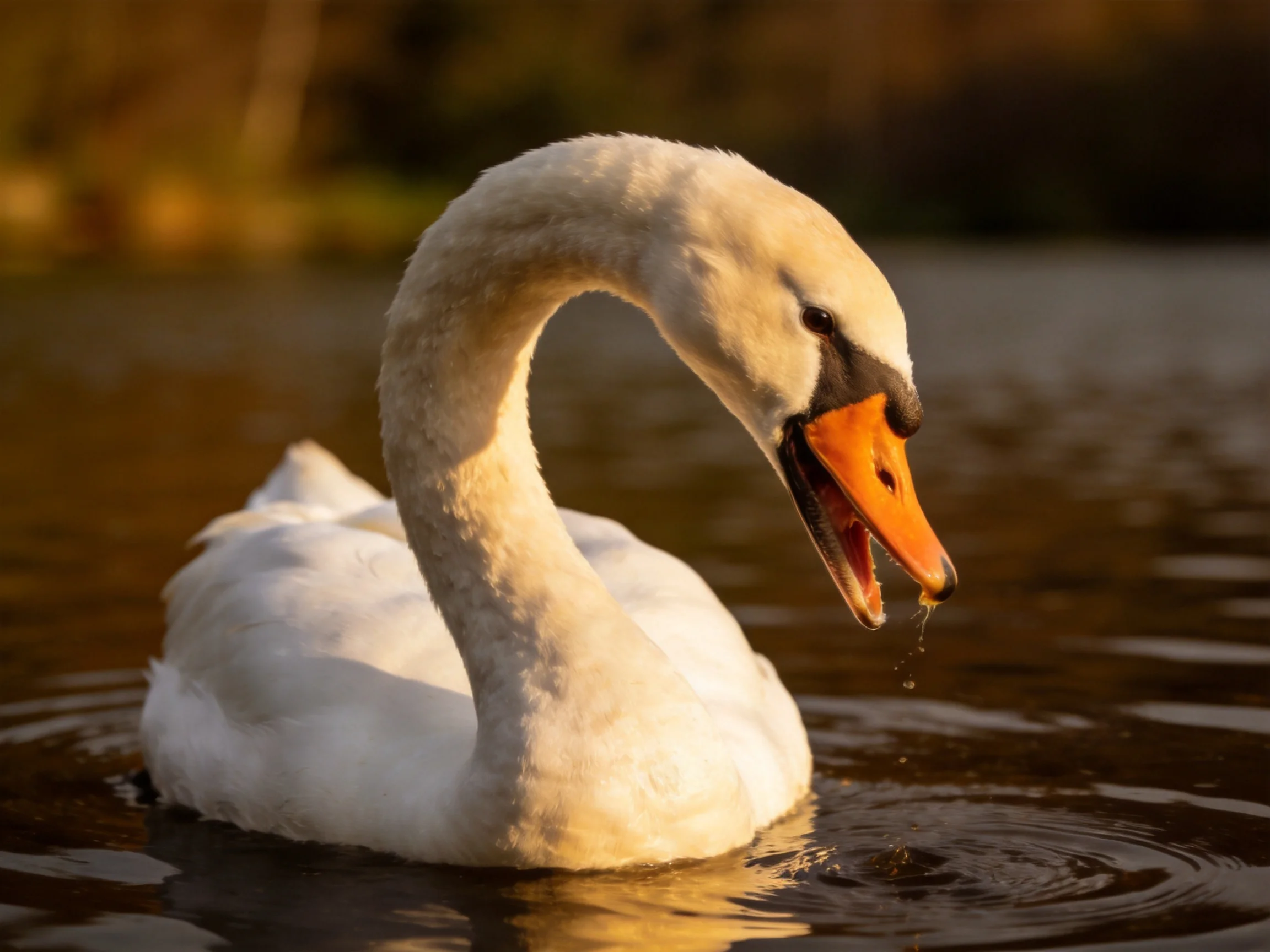 A white swan swims in calm water.