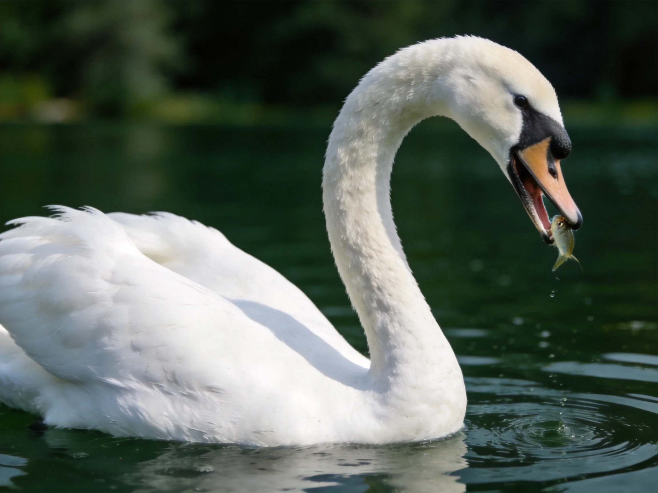 A white swan with black-tipped beak catches a small fish in calm water