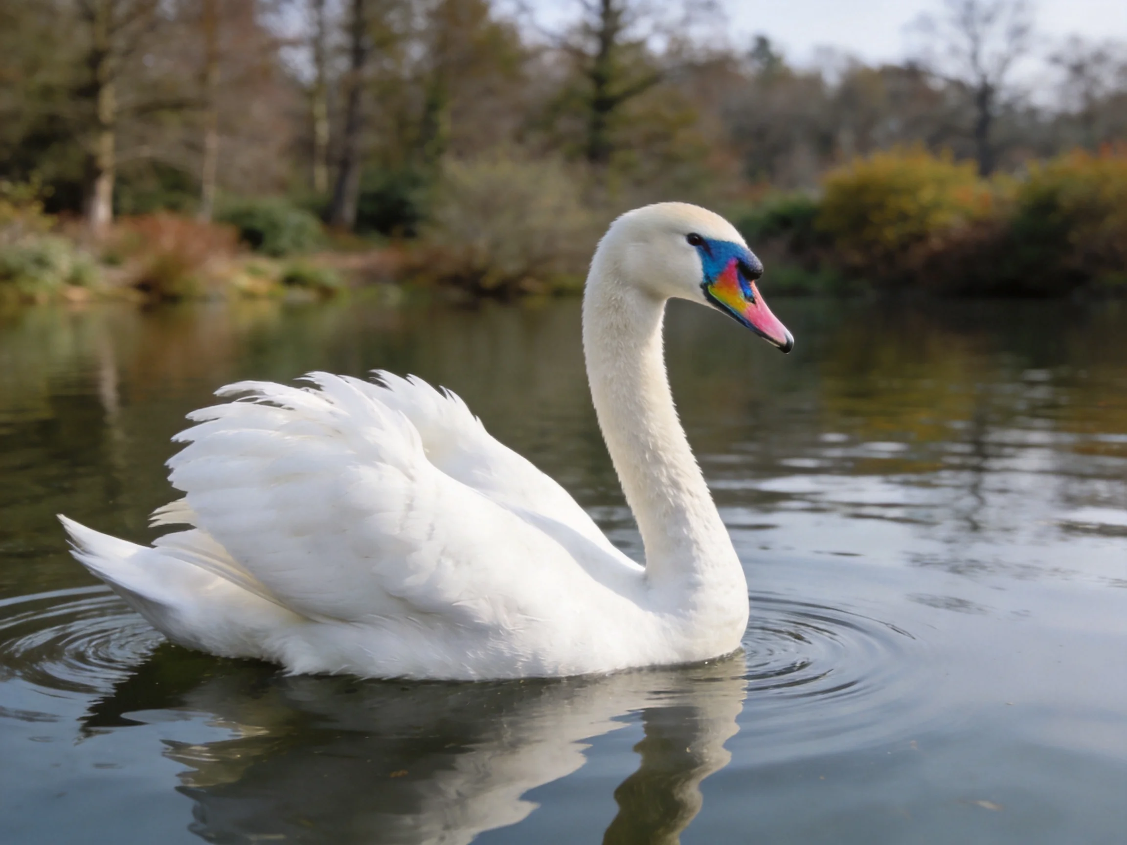 A white swan with a colorful beak floats serenely on calm water.