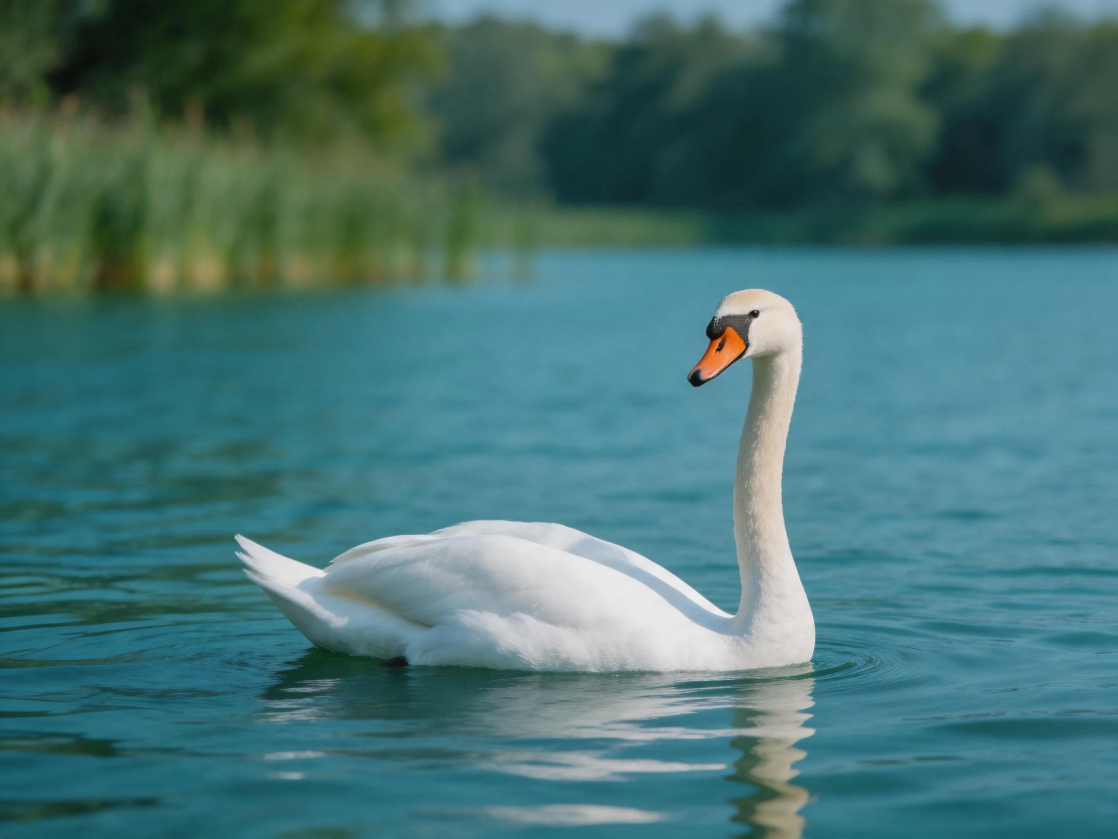 A white swan with orange beak swims in blue water near greenery