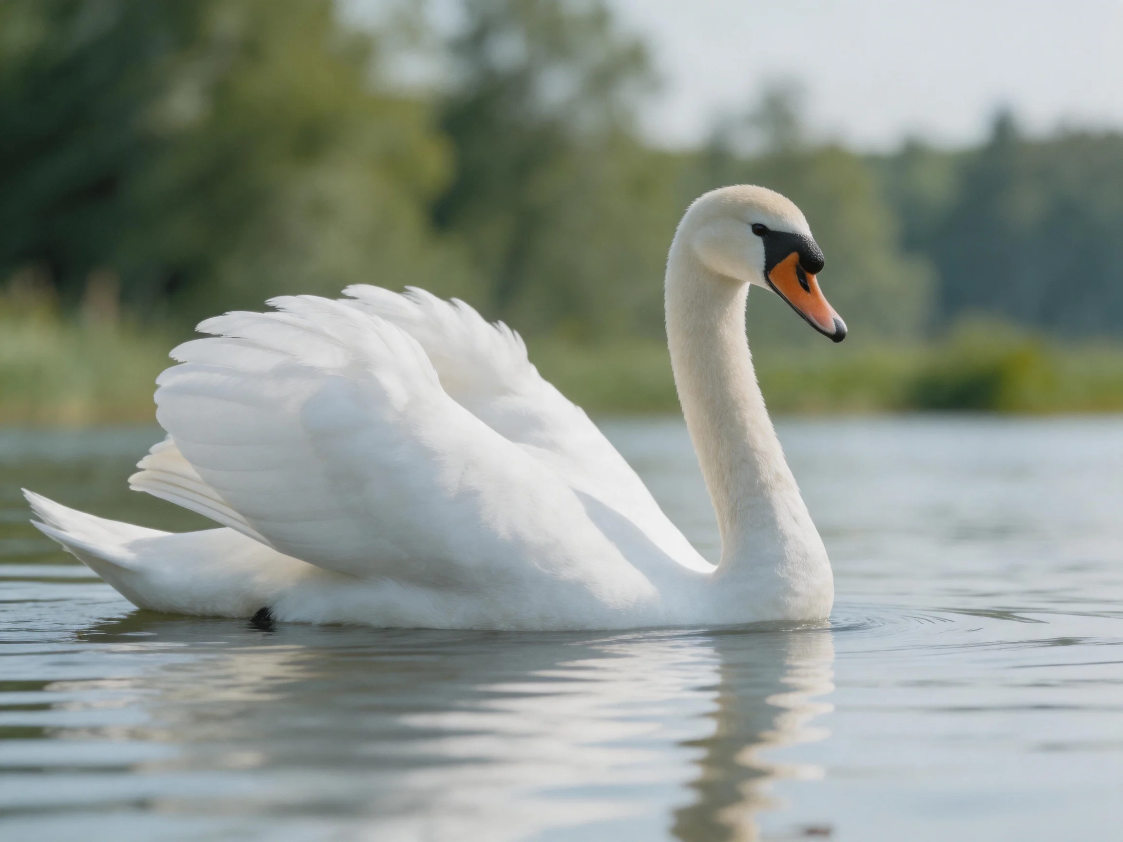 A white swan with outstretched wings gliding on calm water