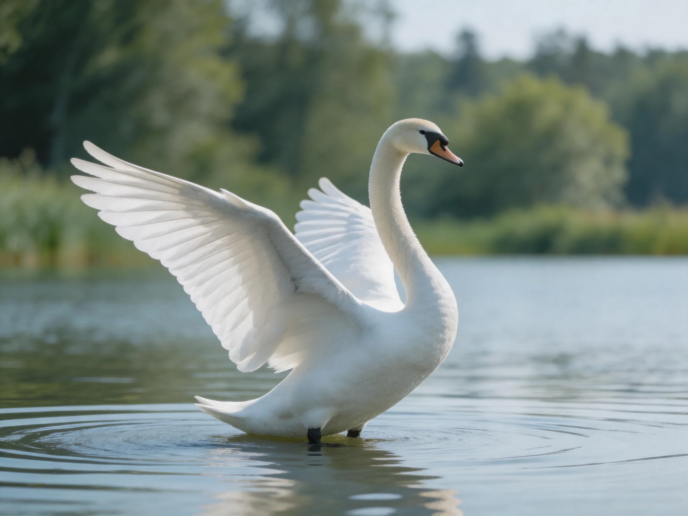 A white swan with outstretched wings in tranquil lake waters