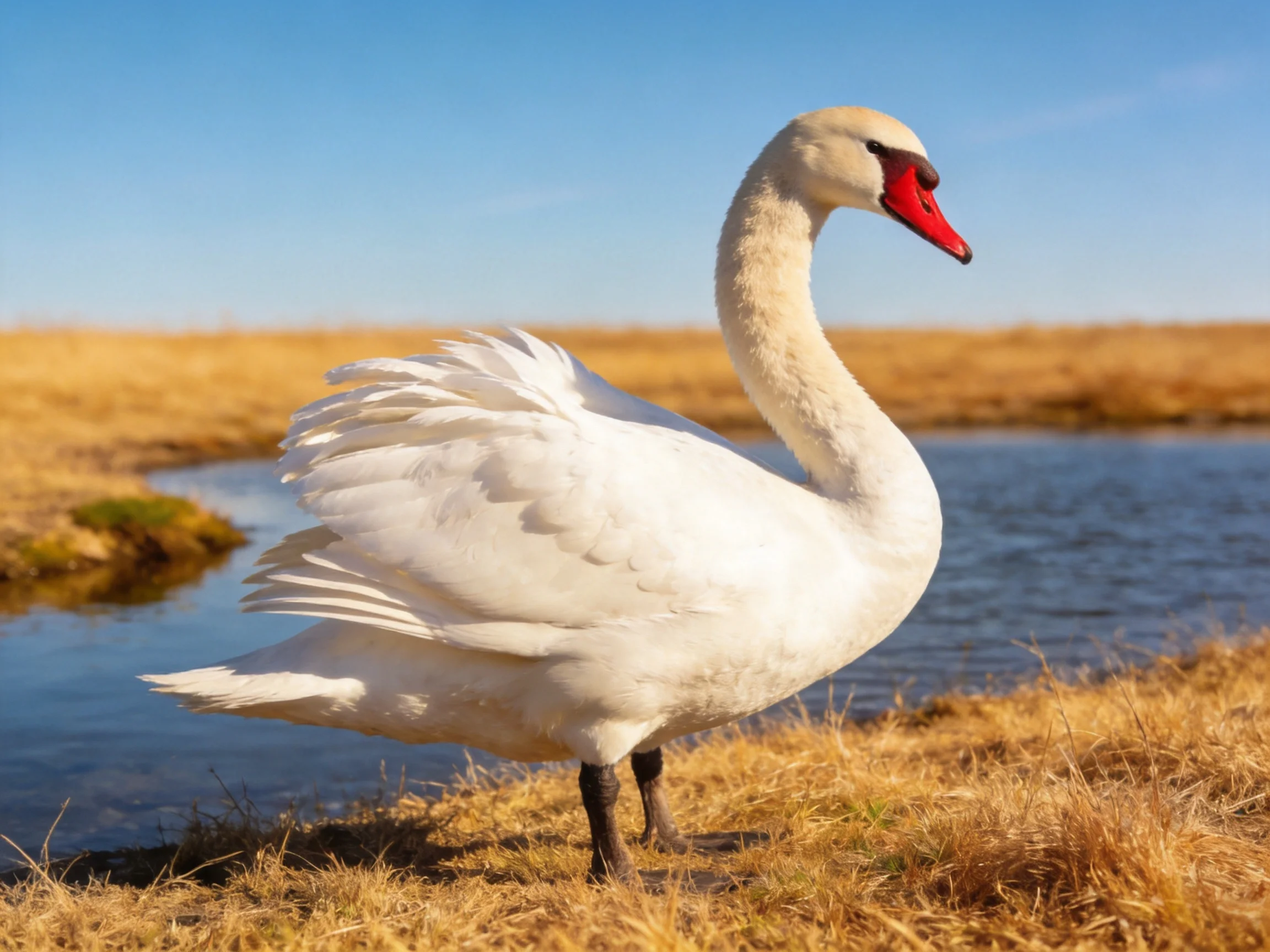 A white swan with a red beak stands near calm water in a sunny landscape.