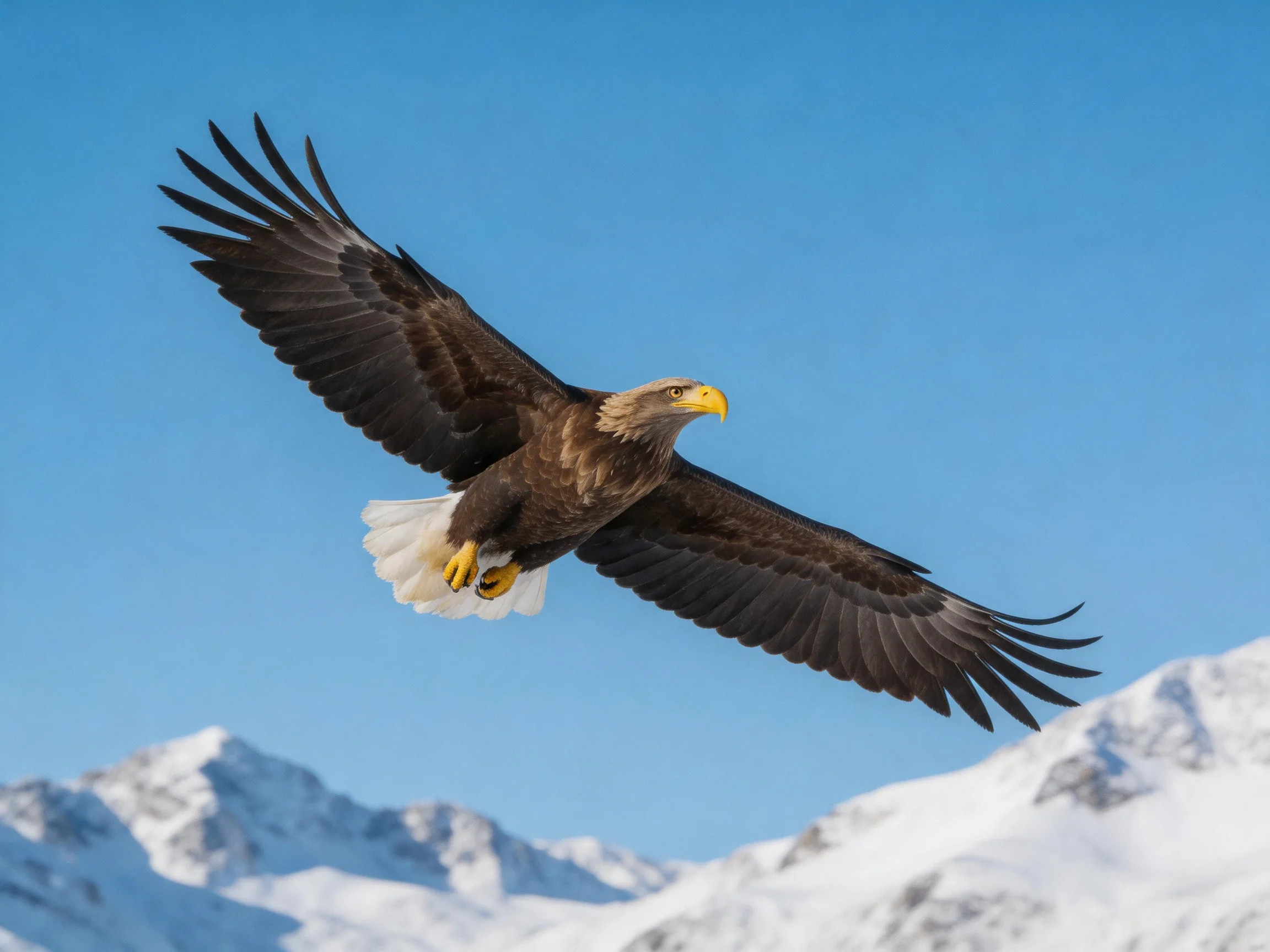 A white-tailed eagle glides over snow-draped mountain peaks