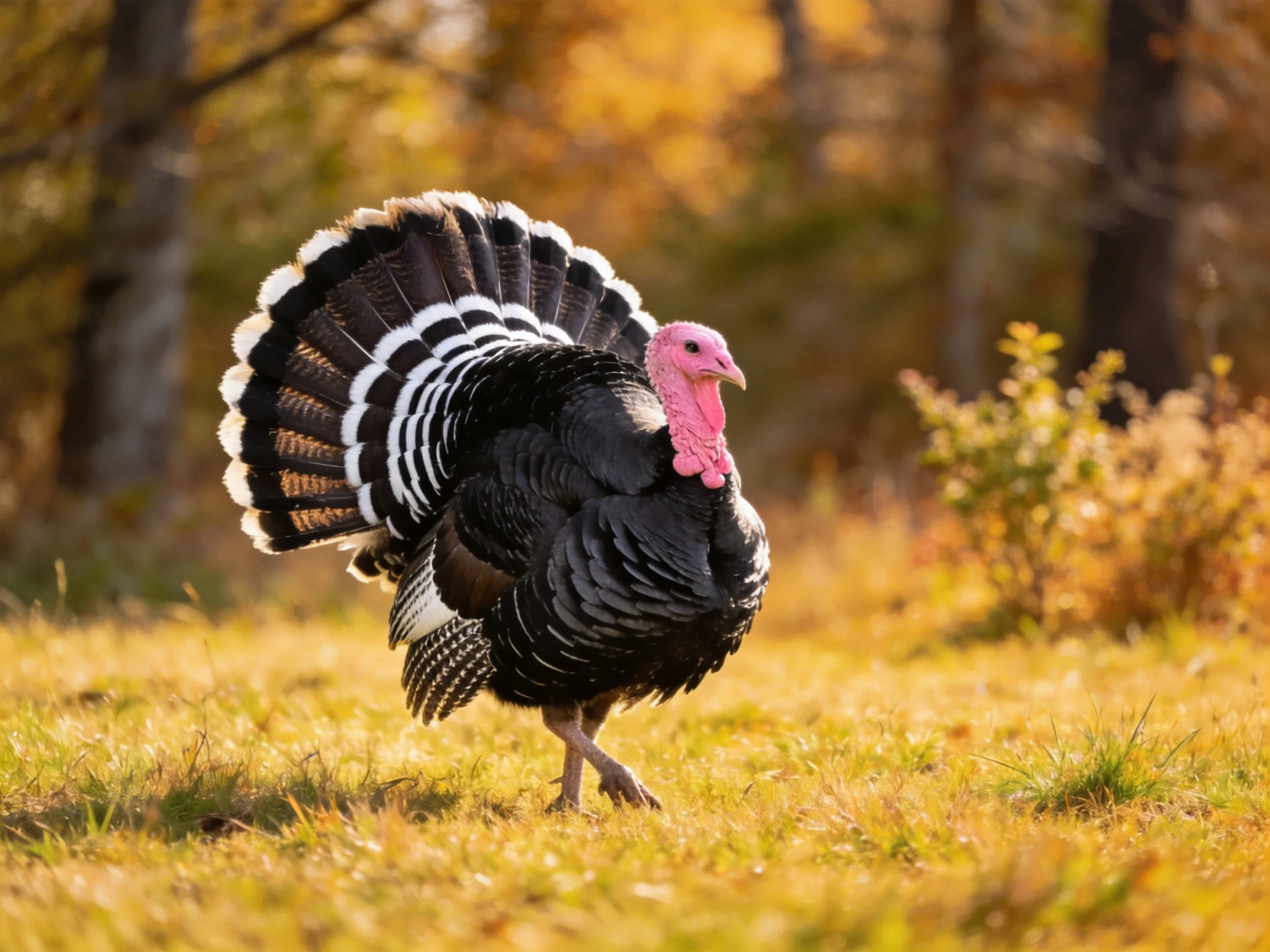 A wild turkey displays fanned tail feathers in golden autumn woods