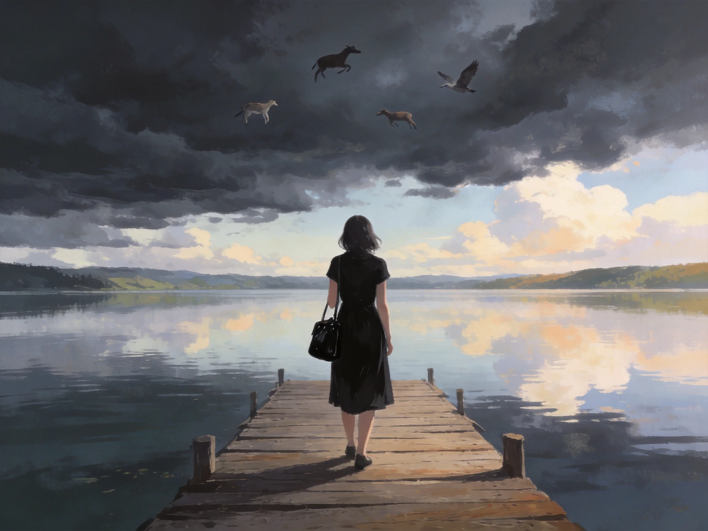 A woman on a wooden dock observes flying animals under dramatic stormy skies