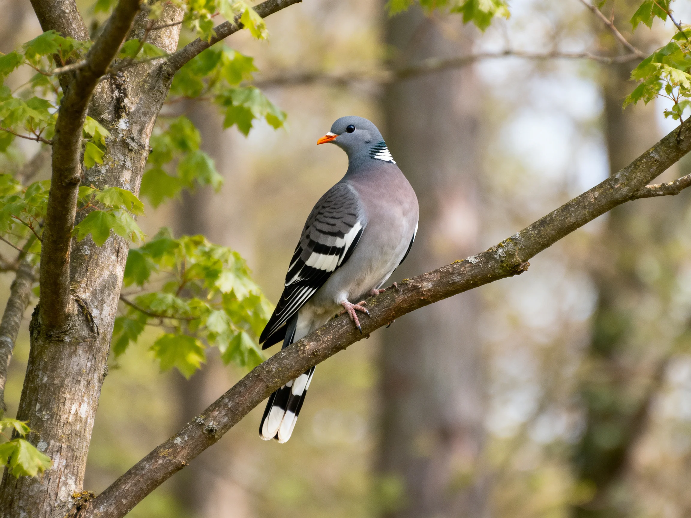 A wood pigeon perched on a tree branch with green foliage