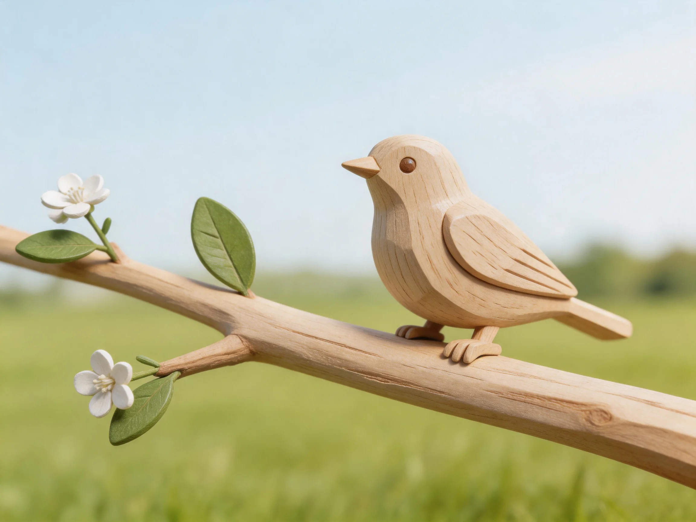 A wooden bird figurine perched on a flowering branch with green leaves