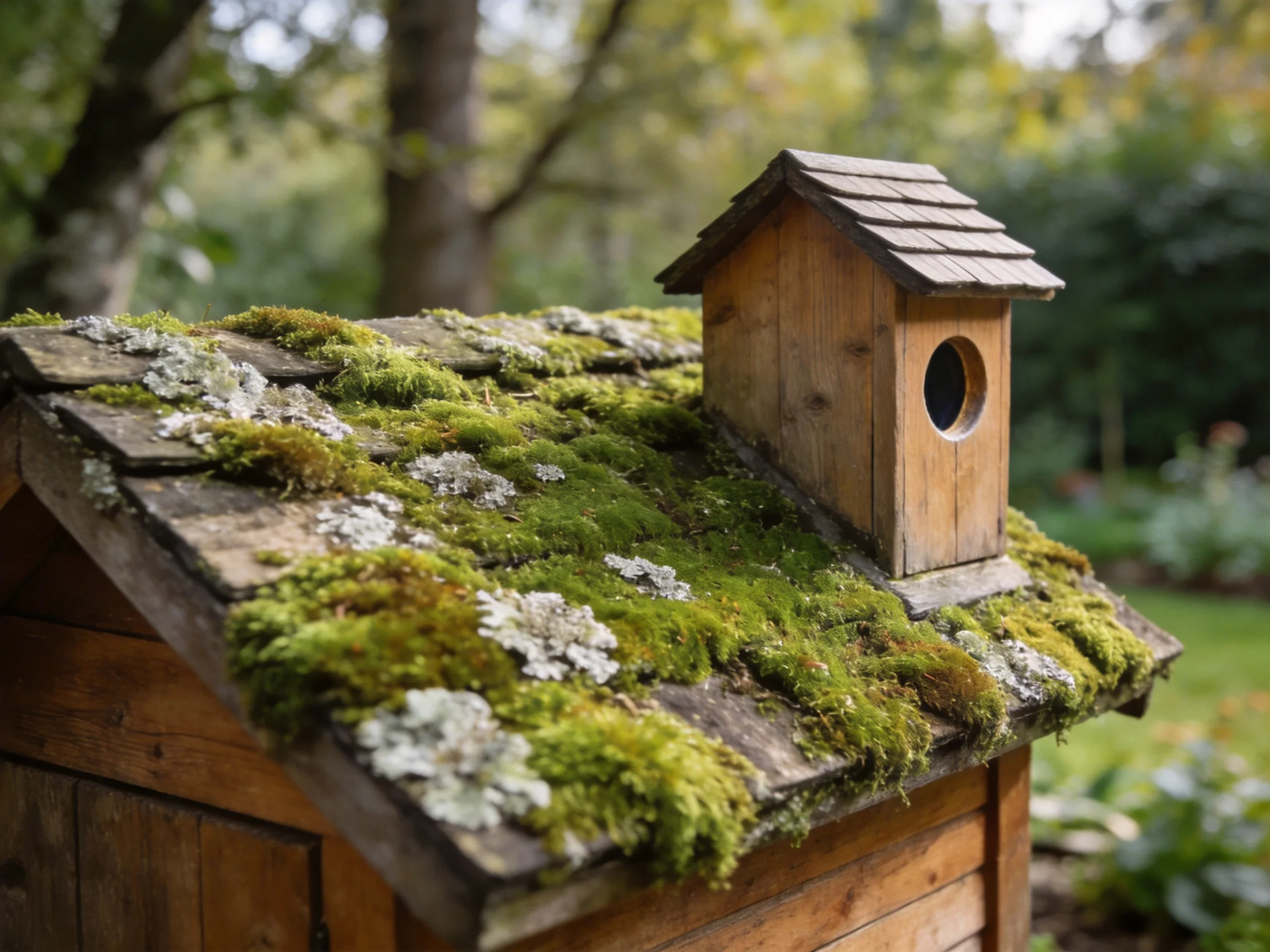 A wooden birdhouse sits atop a moss-covered roof in a garden