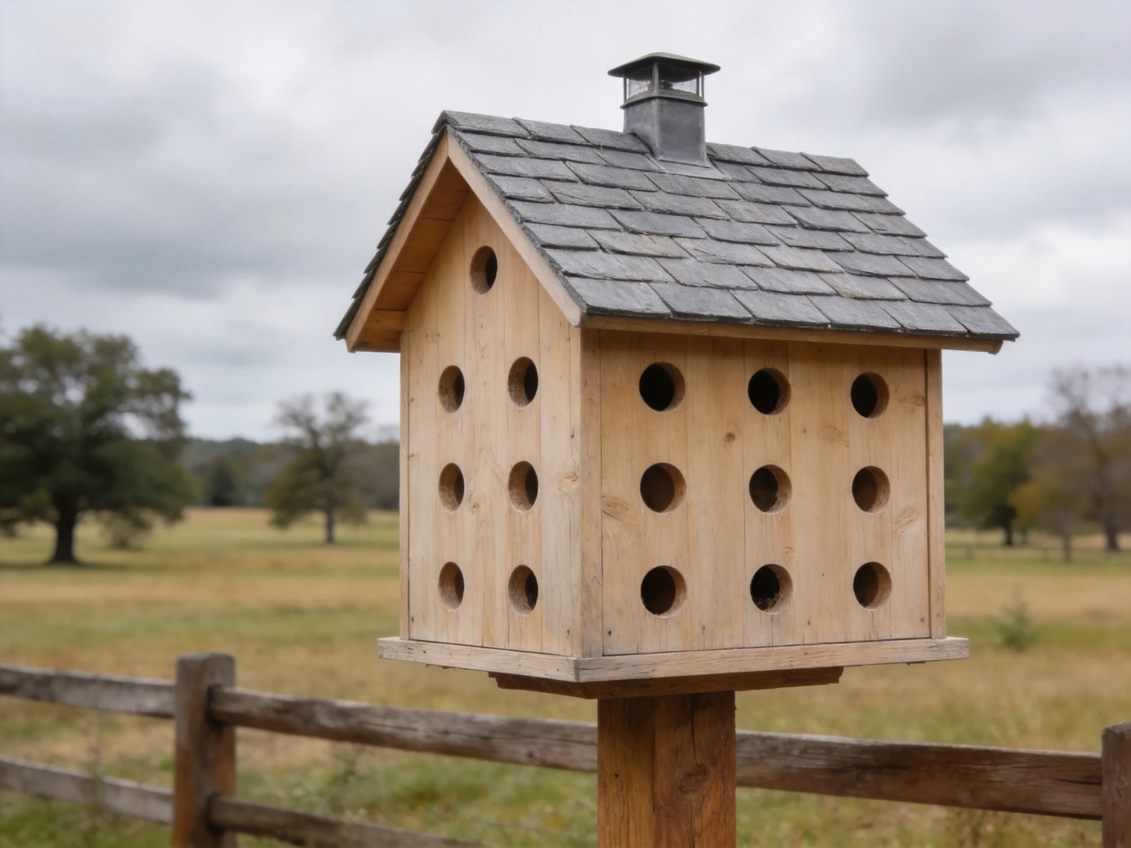 A wooden birdhouse with 16 circular holes, gray shingles, and a chimney
