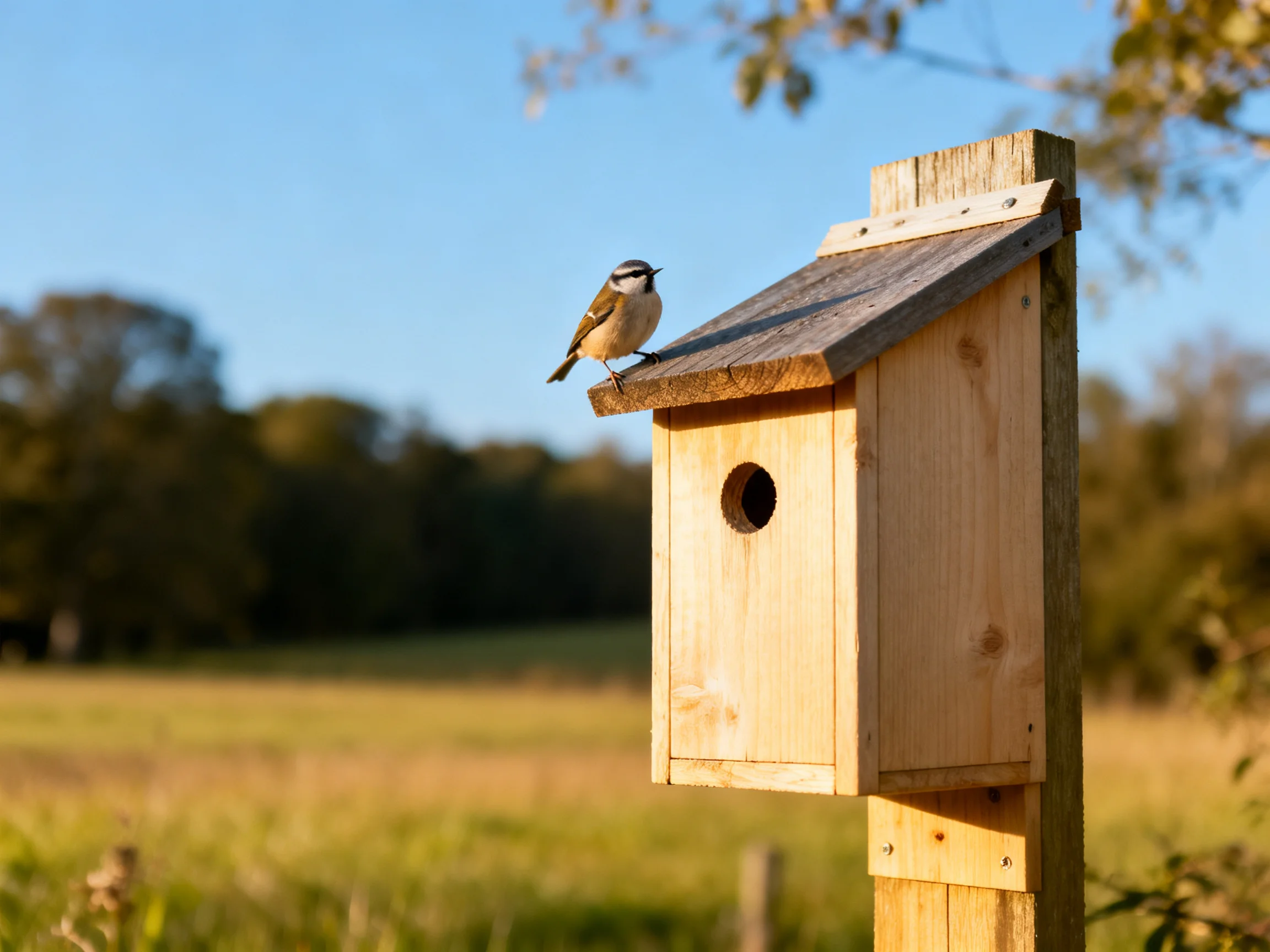A wooden birdhouse with a small bird perched atop in sunny landscape