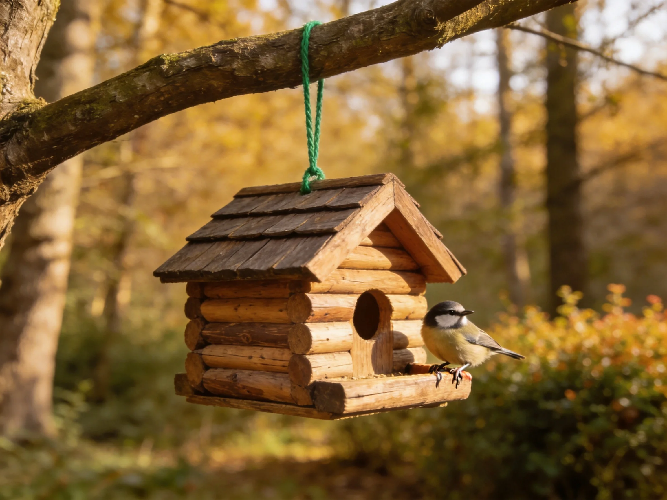 A wooden log birdhouse hangs from a tree branch with a small bird nearby