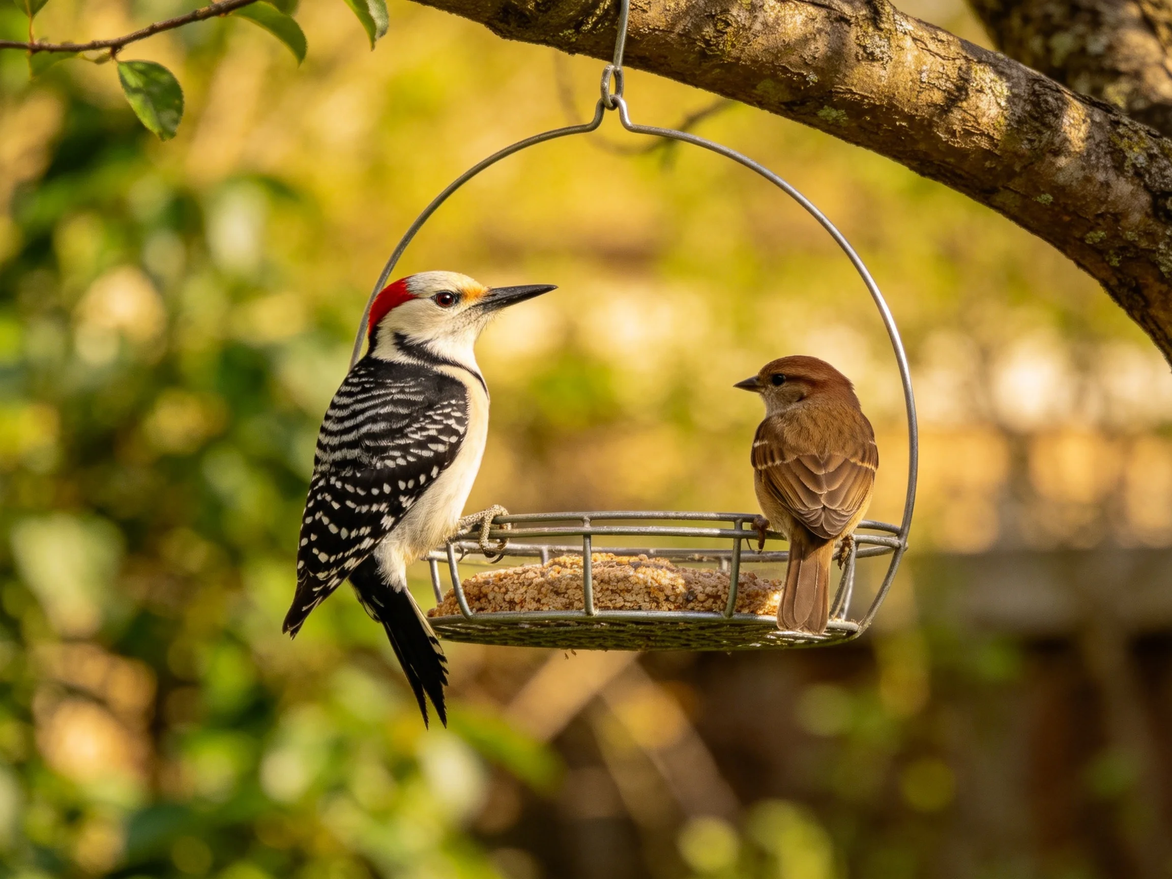 A woodpecker and sparrow share a hanging wire feeder near green foliage