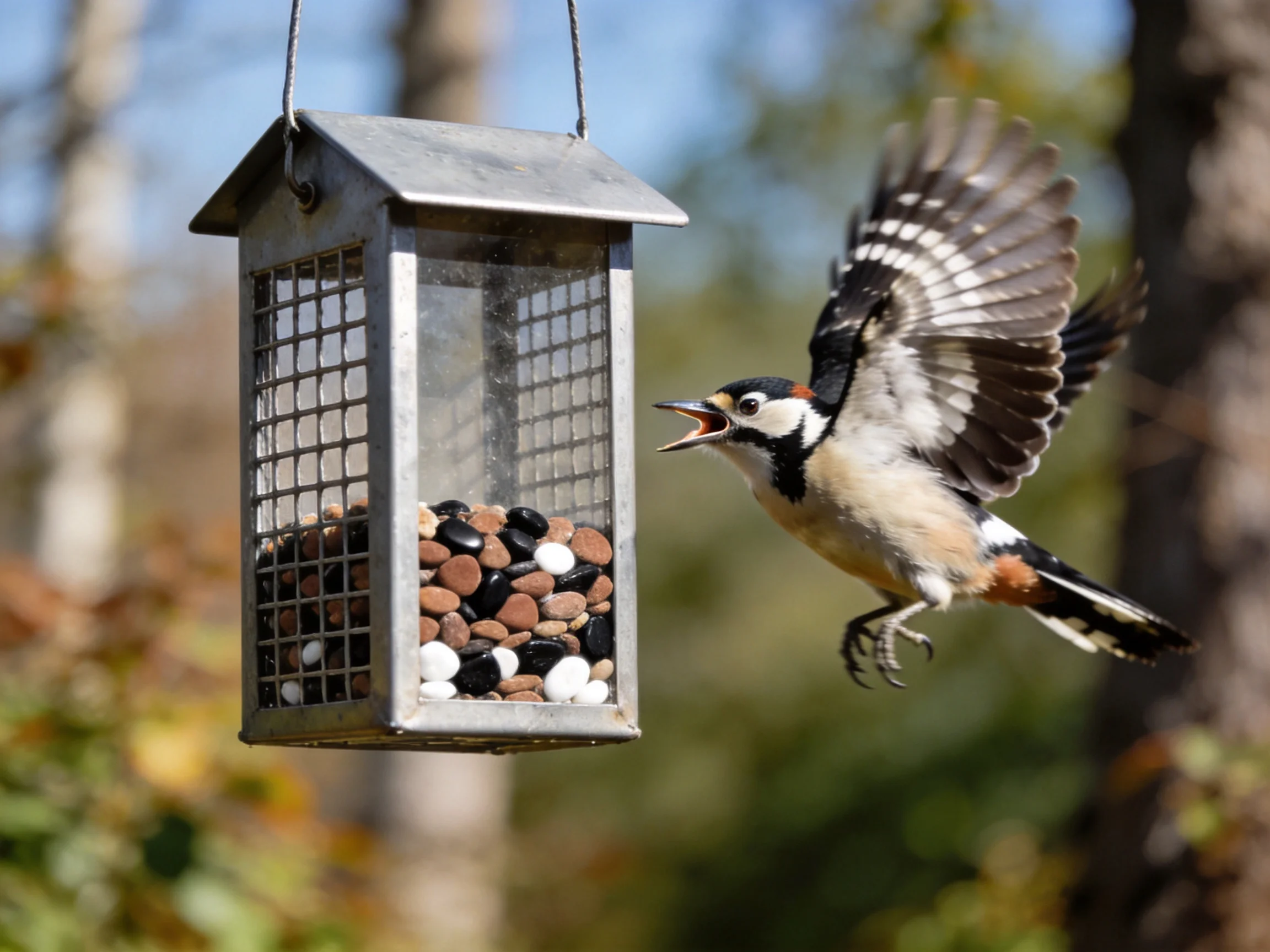 A woodpecker approaches a metal seed feeder with colorful pebbles