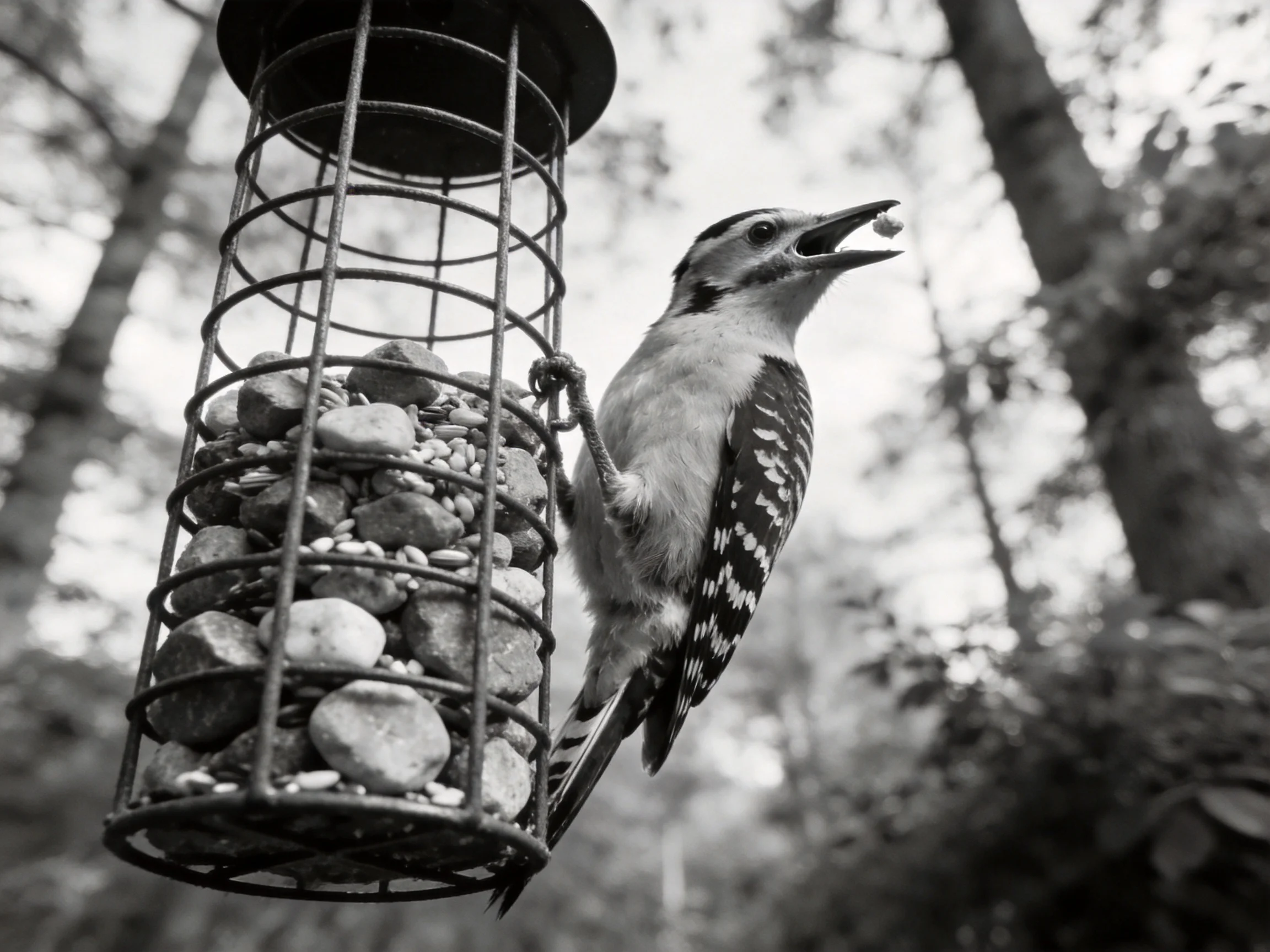 A woodpecker clinging to a wire bird feeder with stones