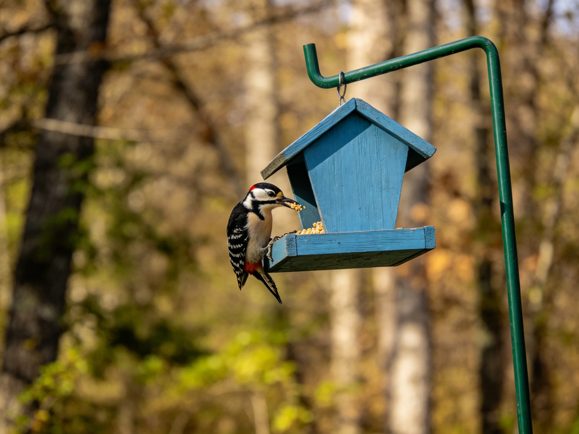 A woodpecker perches on a blue bird feeder in a wooded area