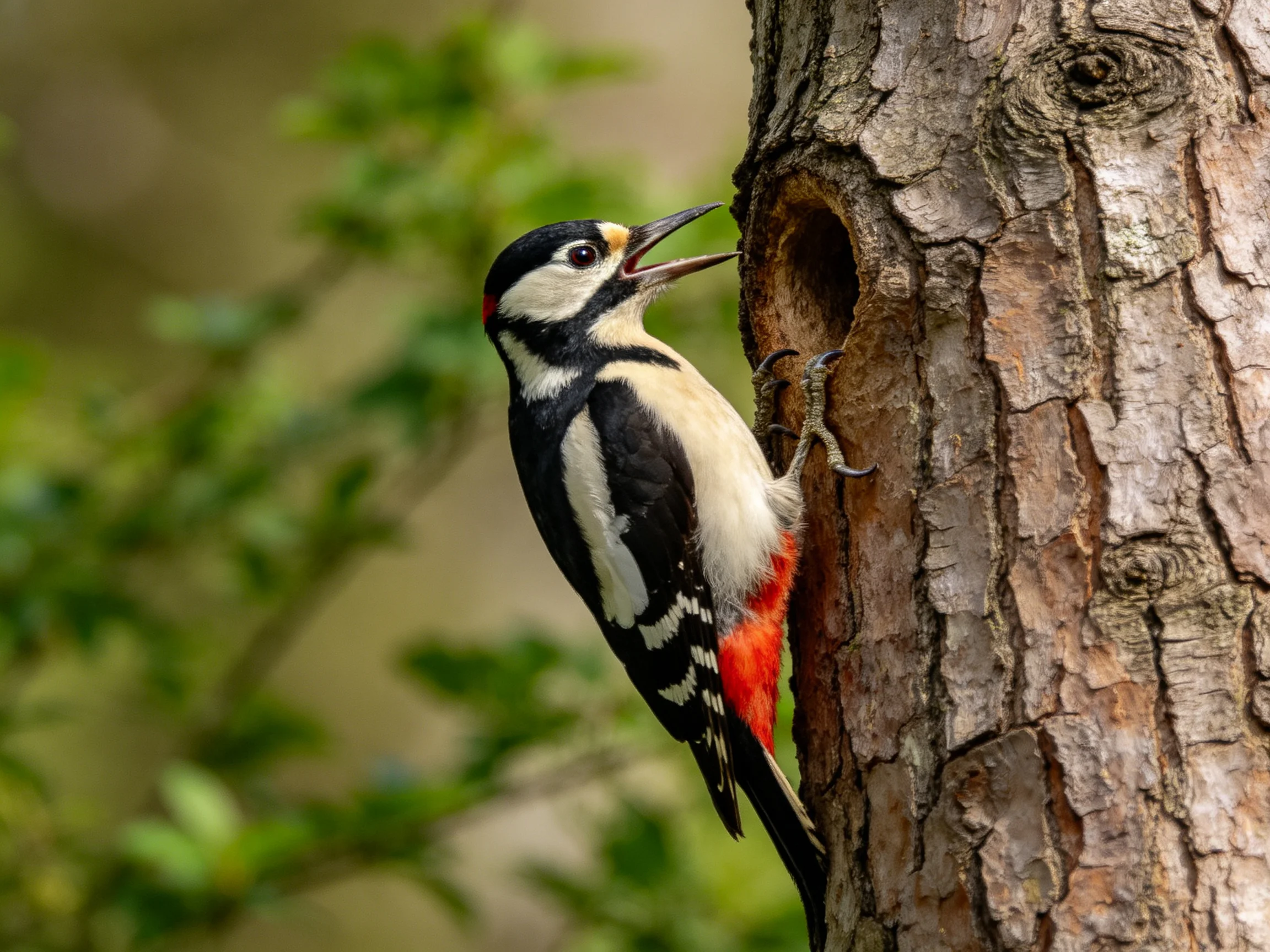 A woodpecker with black, white, and red plumage near a tree hole