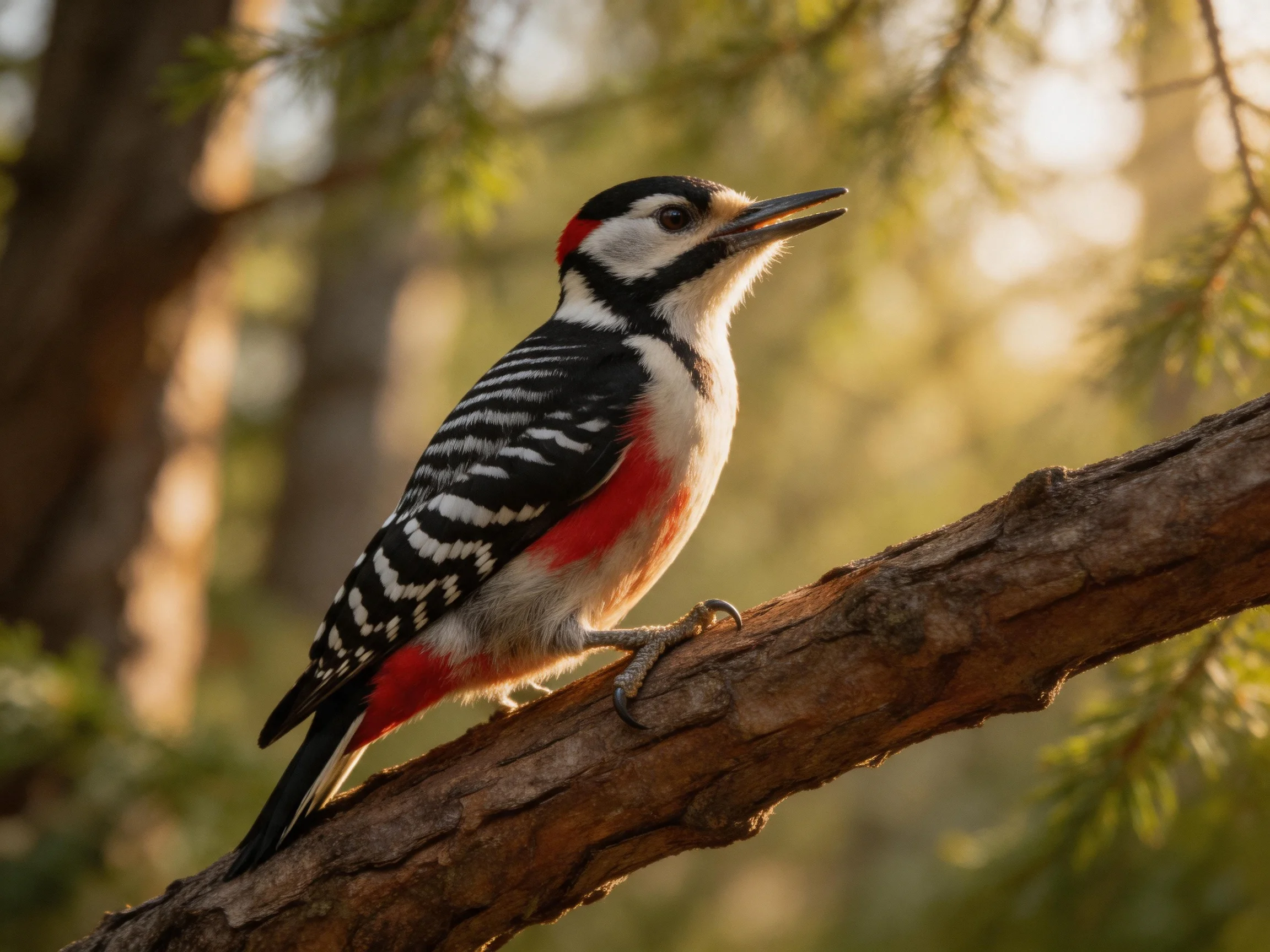 A woodpecker with black, white, and red plumage perched on a tree branch