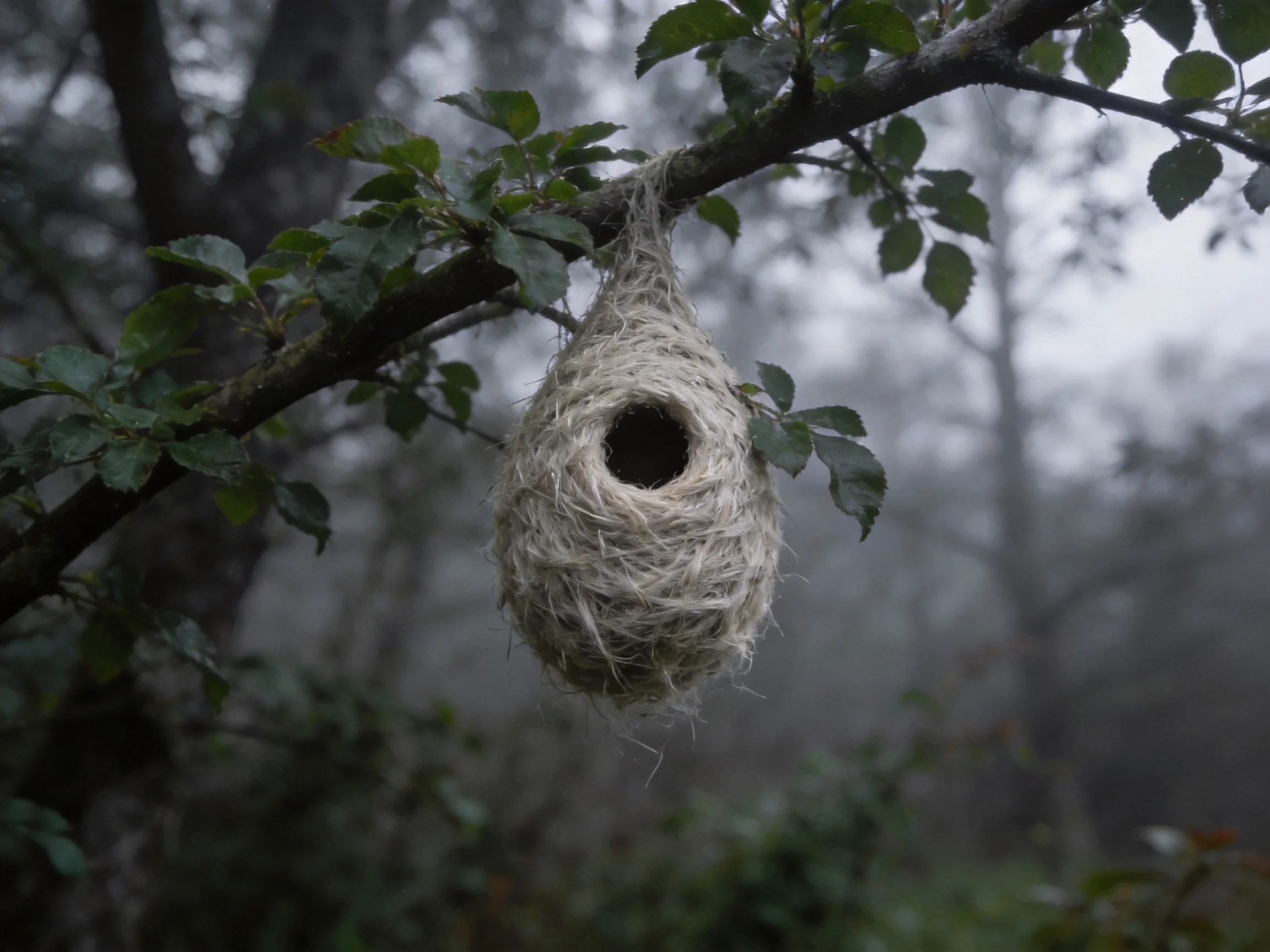 A woven bird nest dangles from a leaf-covered branch in a foggy forest.