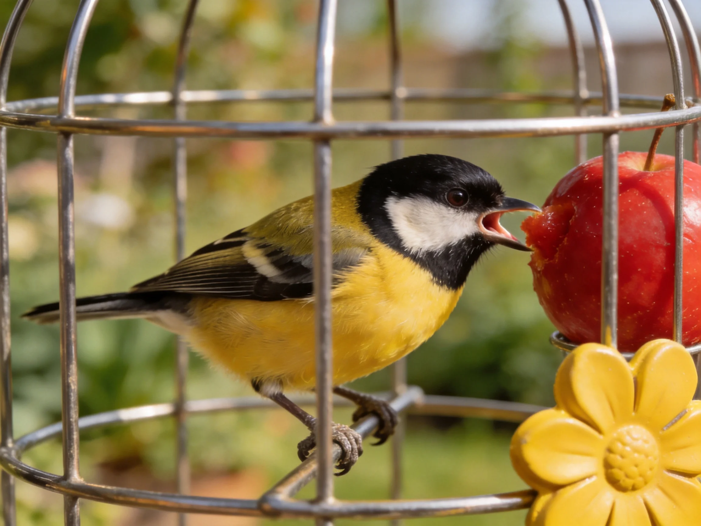 A yellow and black bird eating a red apple in a metal cage