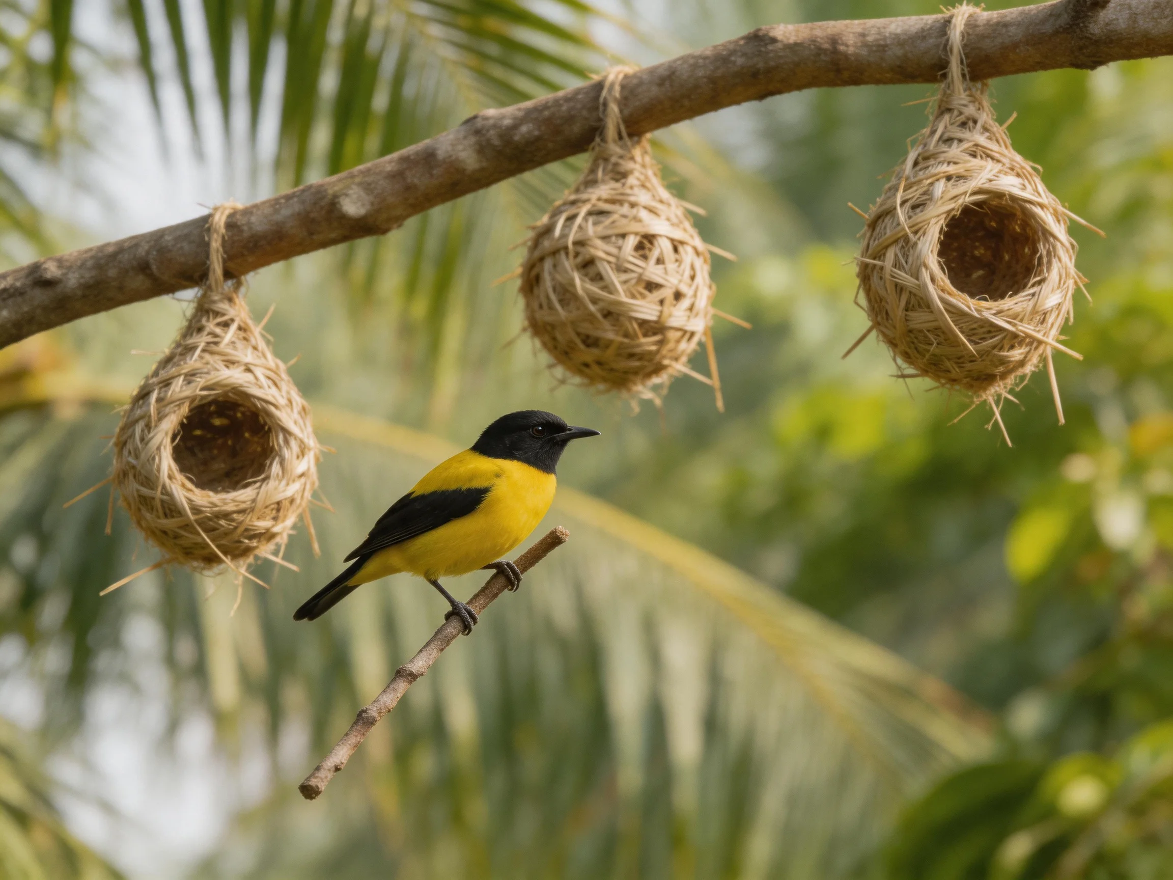 A yellow and black bird perched near three straw nests on a branch