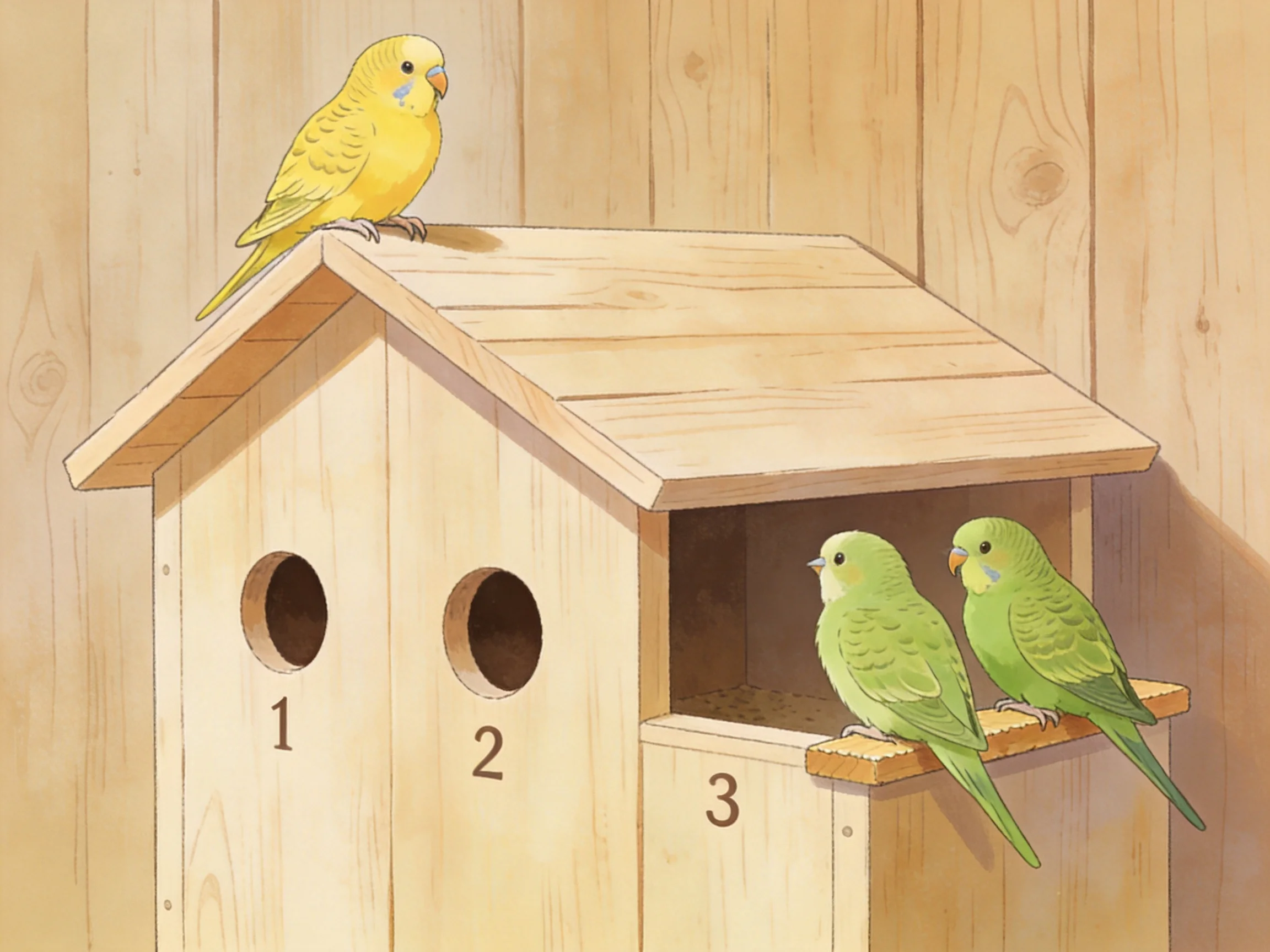 A yellow bird and two green birds near a wooden birdhouse with numbered compartments