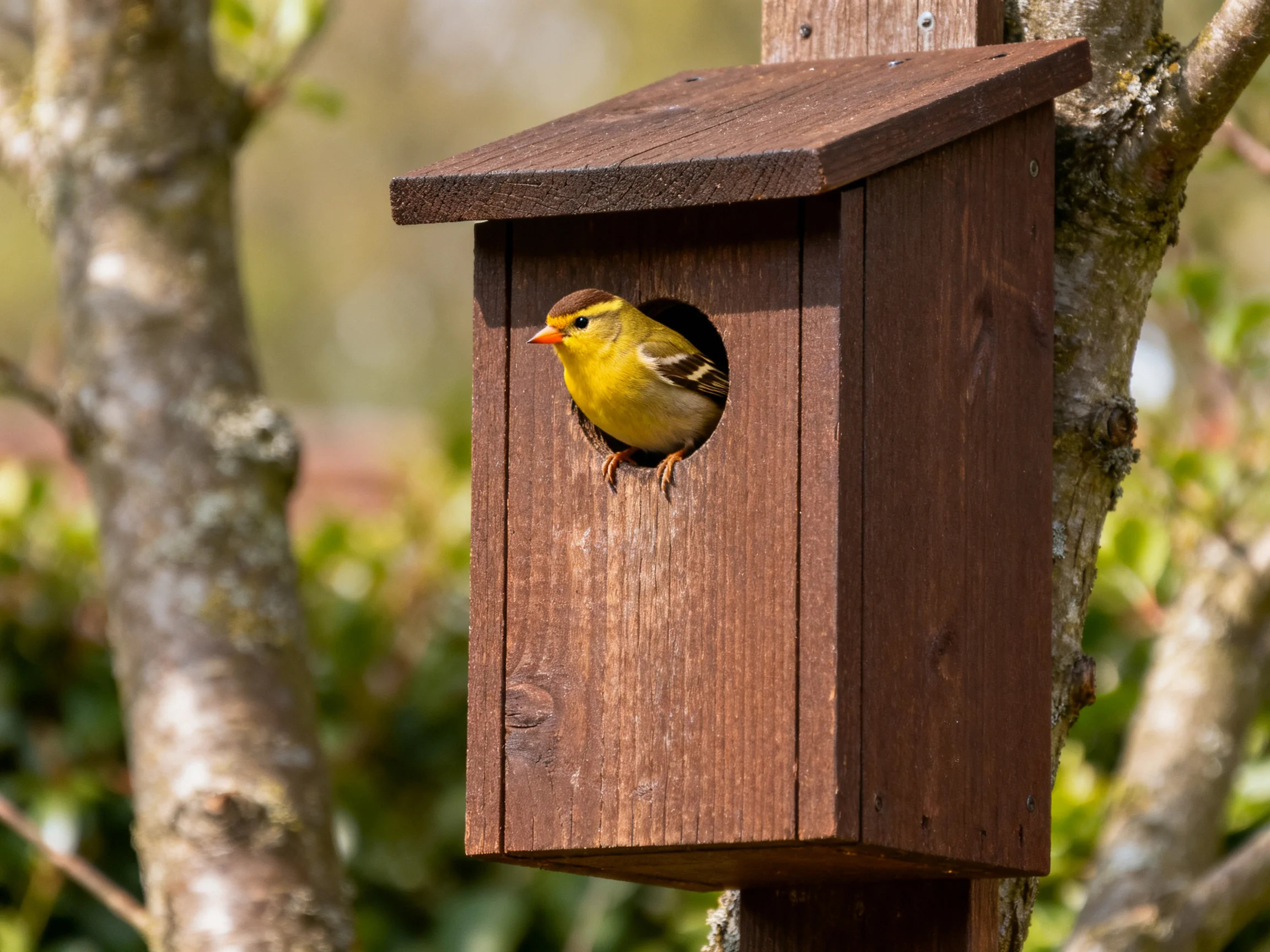 A yellow bird in a brown wooden birdhouse attached to a tree