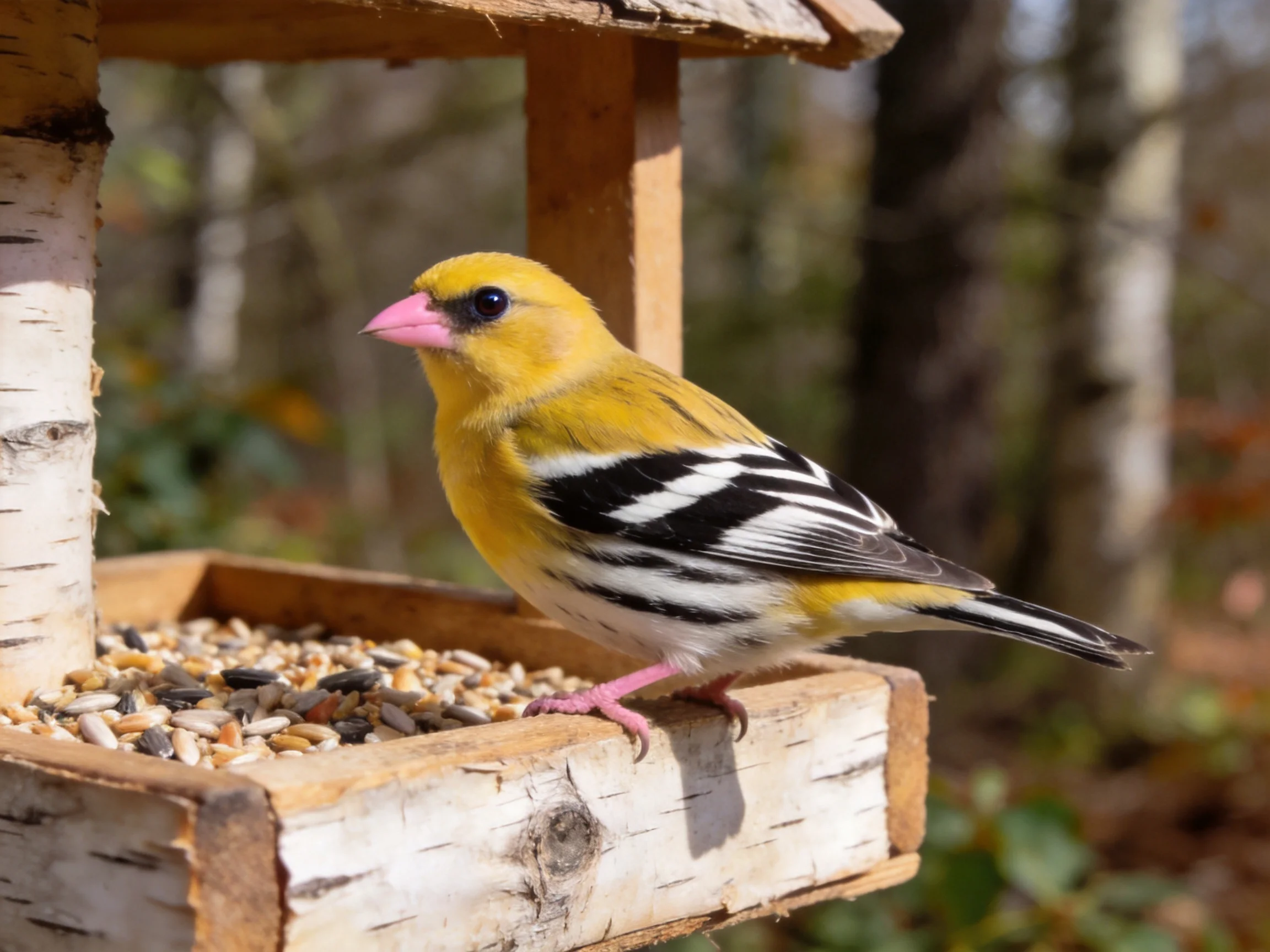 A yellow bird with black and white wings on a wooden feeder
