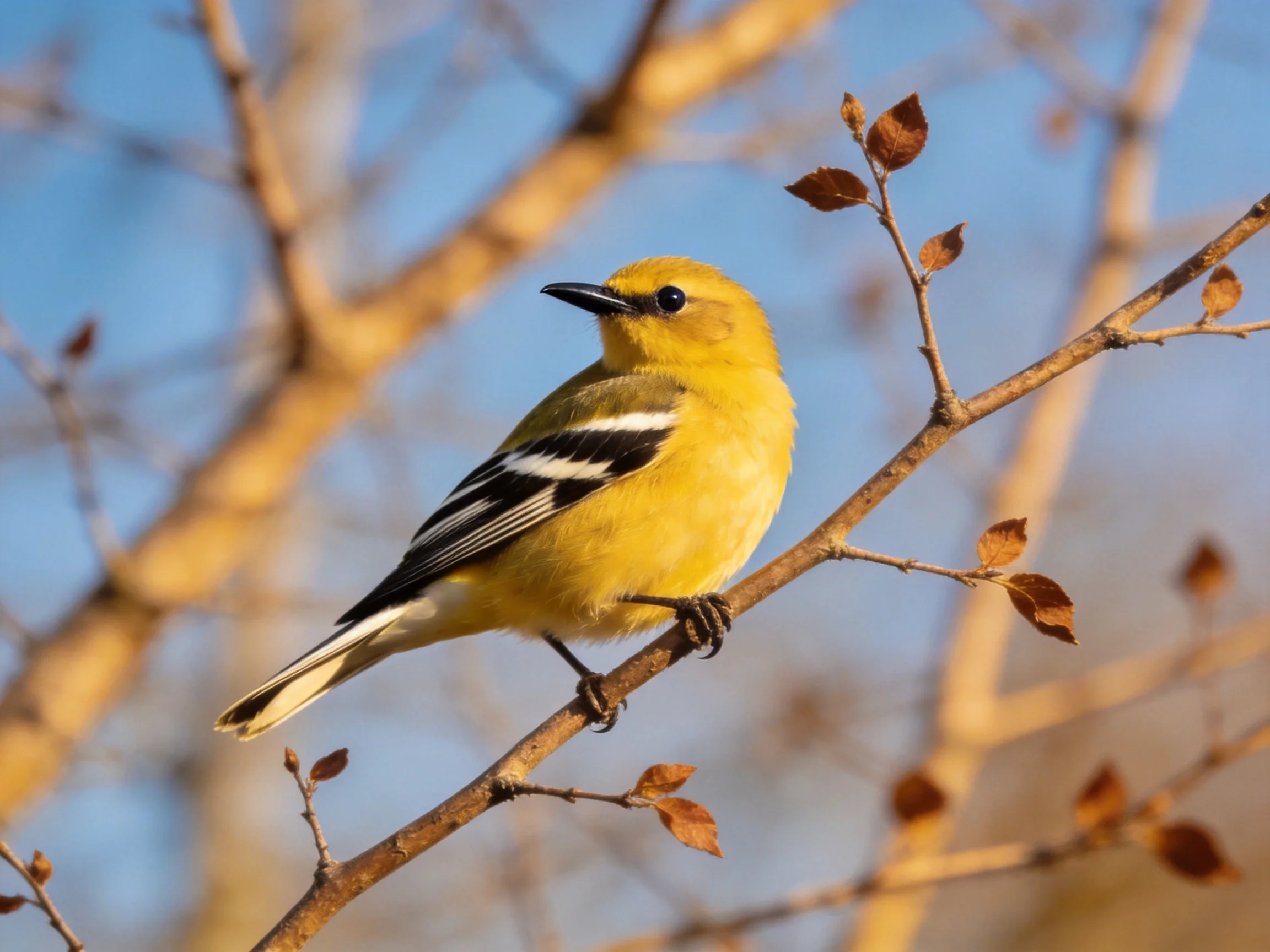 A yellow bird with black and white wings perched on a branch