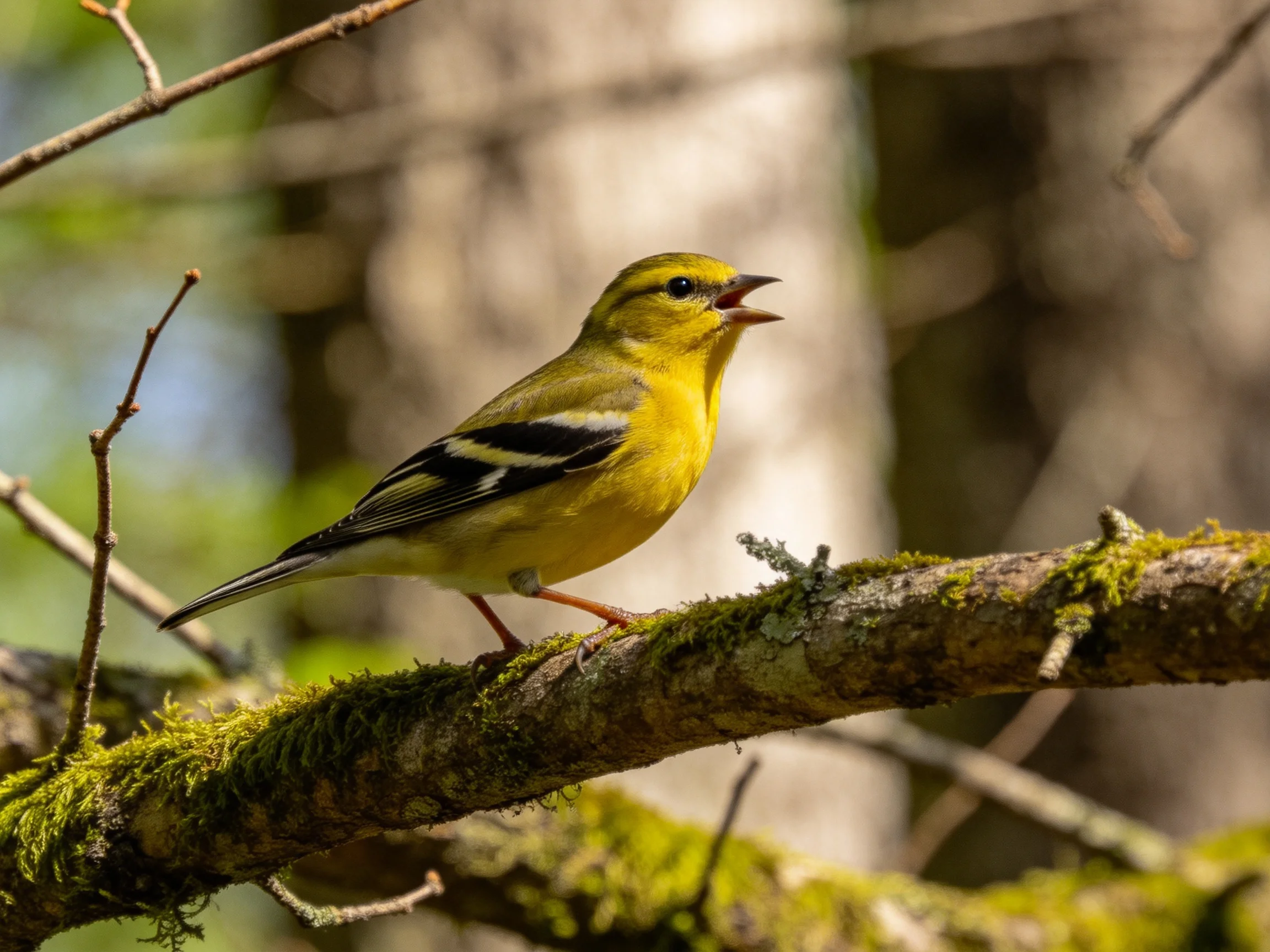A yellow bird with black and white wings perched on a mossy branch