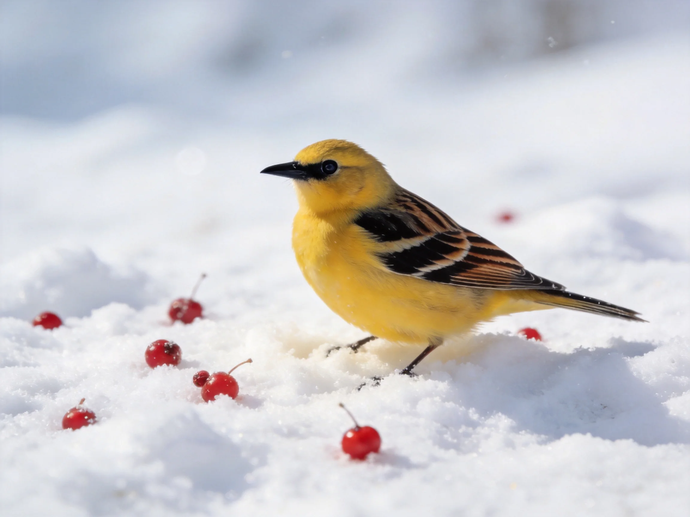 A yellow bird with black-striped wings rests near red berries on snow.