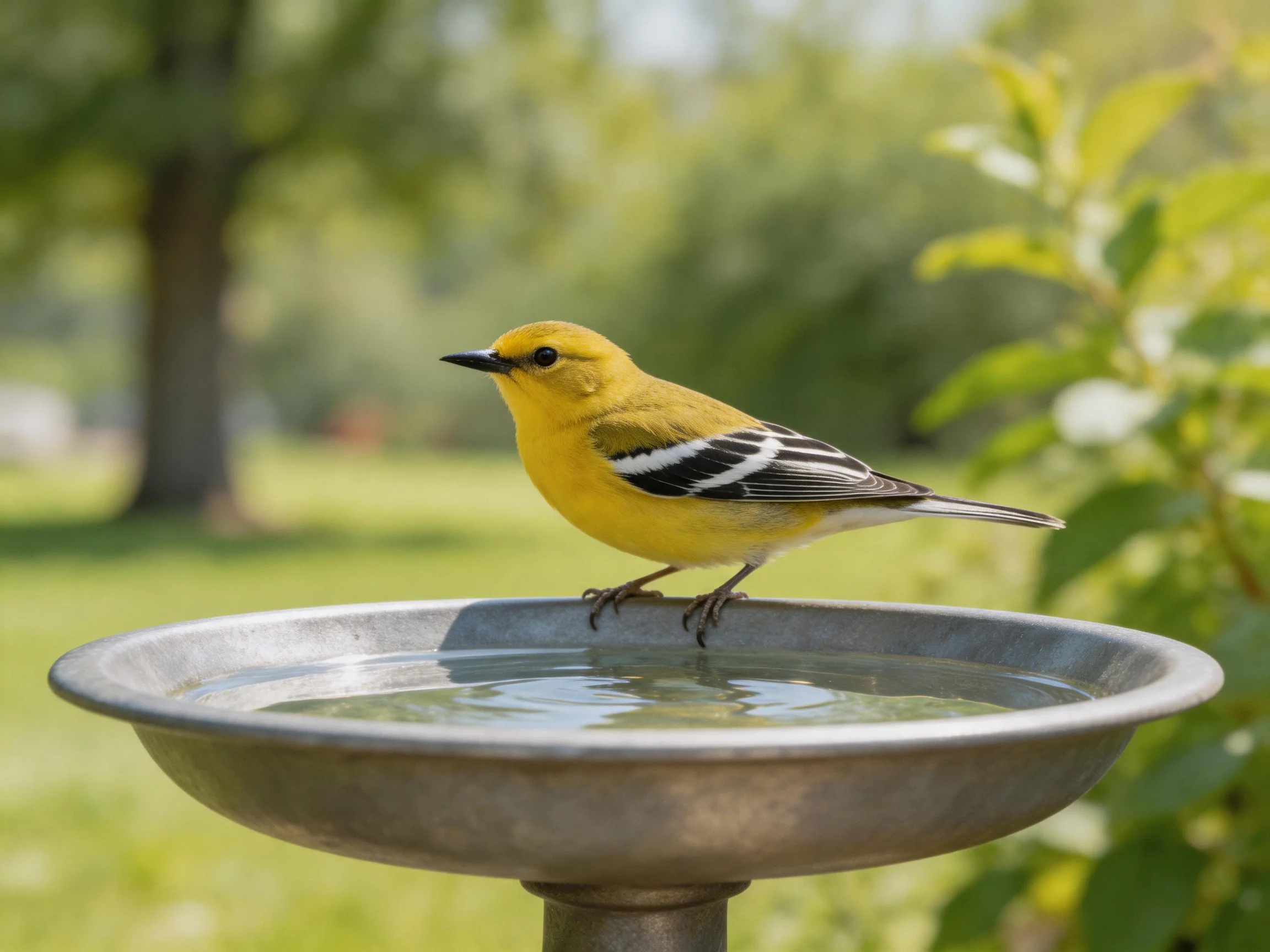 A yellow bird with black wing stripes perches on a metal birdbath