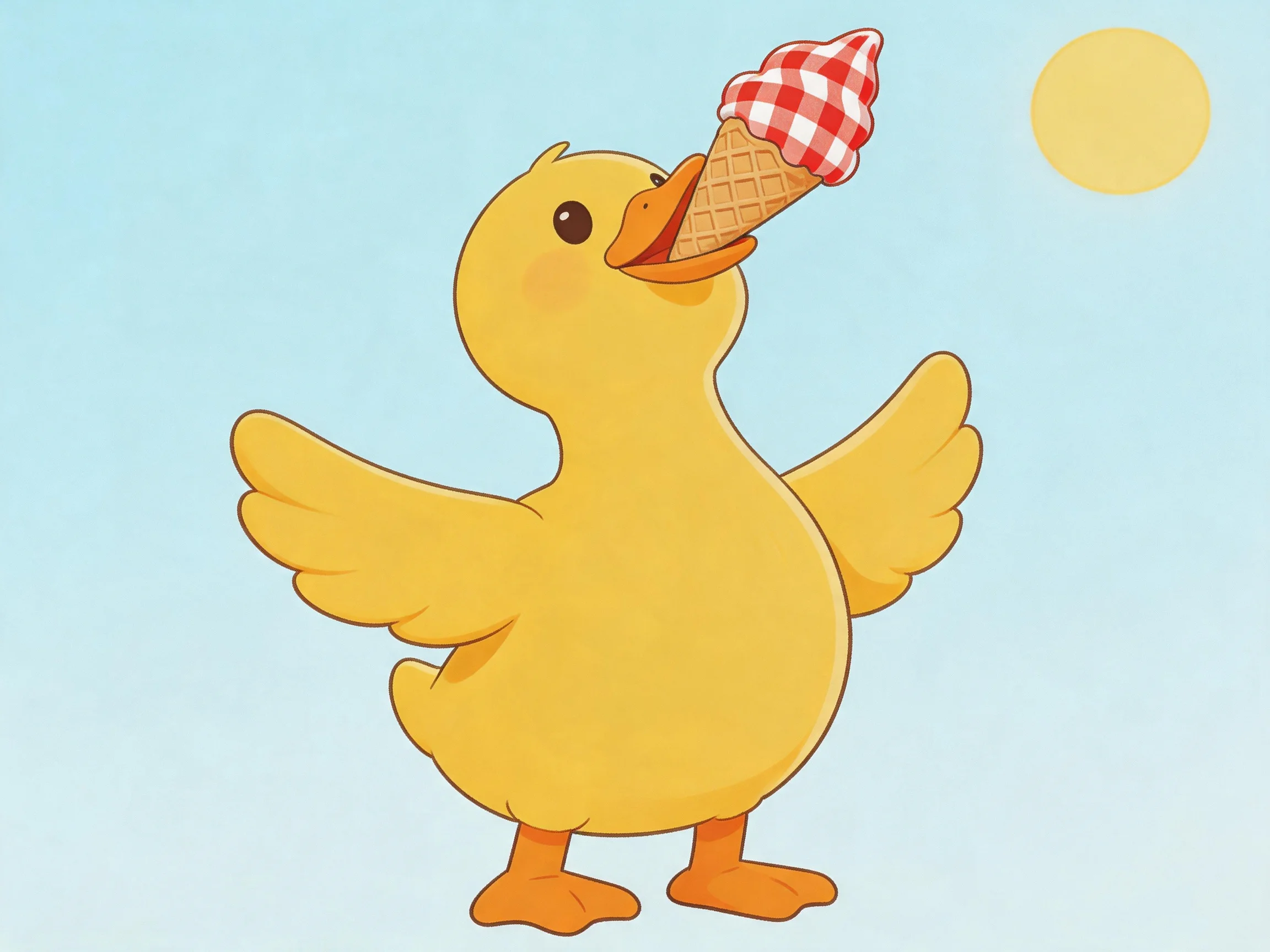 A yellow duckling enjoying a red-and-white checkered ice cream cone under a sunny sky