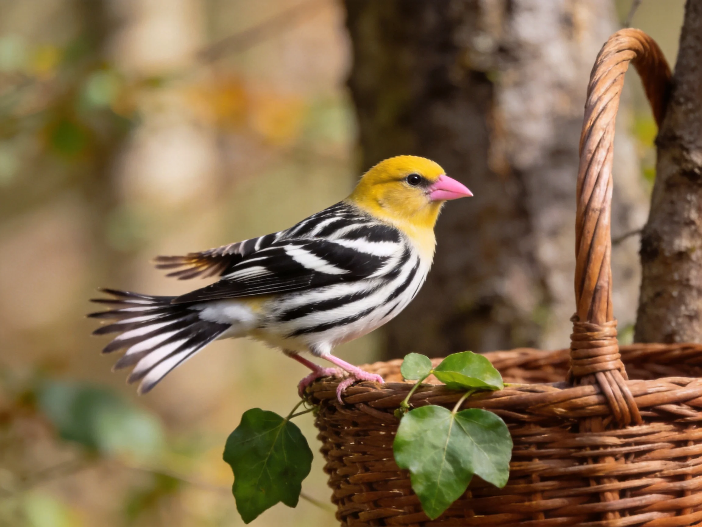 A yellow-headed bird with black-and-white stripes perches on a wicker basket
