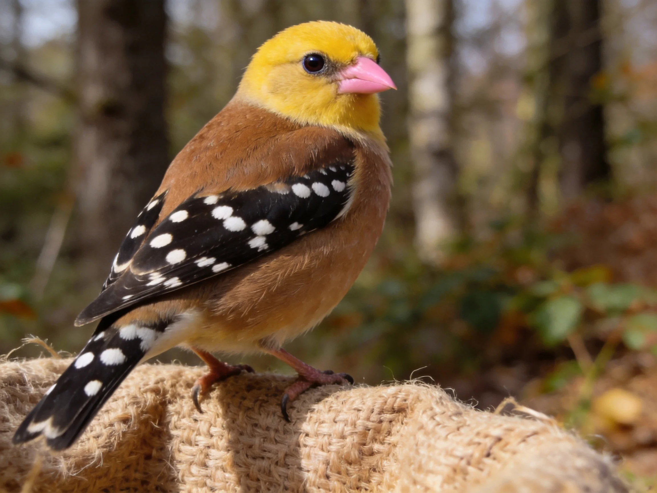 A yellow-headed bird with brown plumage and spotted wings perched on burlap