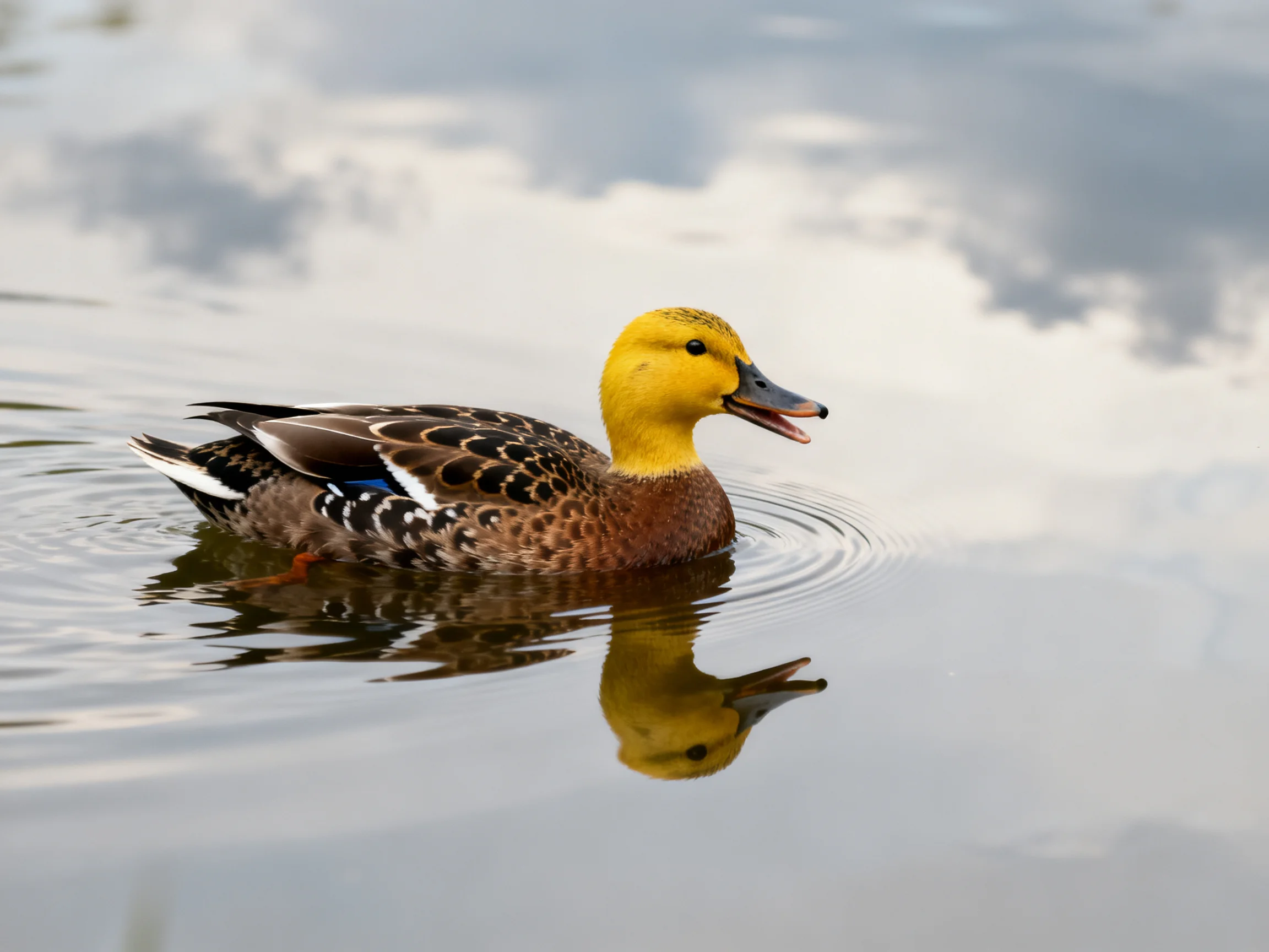 A yellow-headed duck swims in calm water with a clear reflection