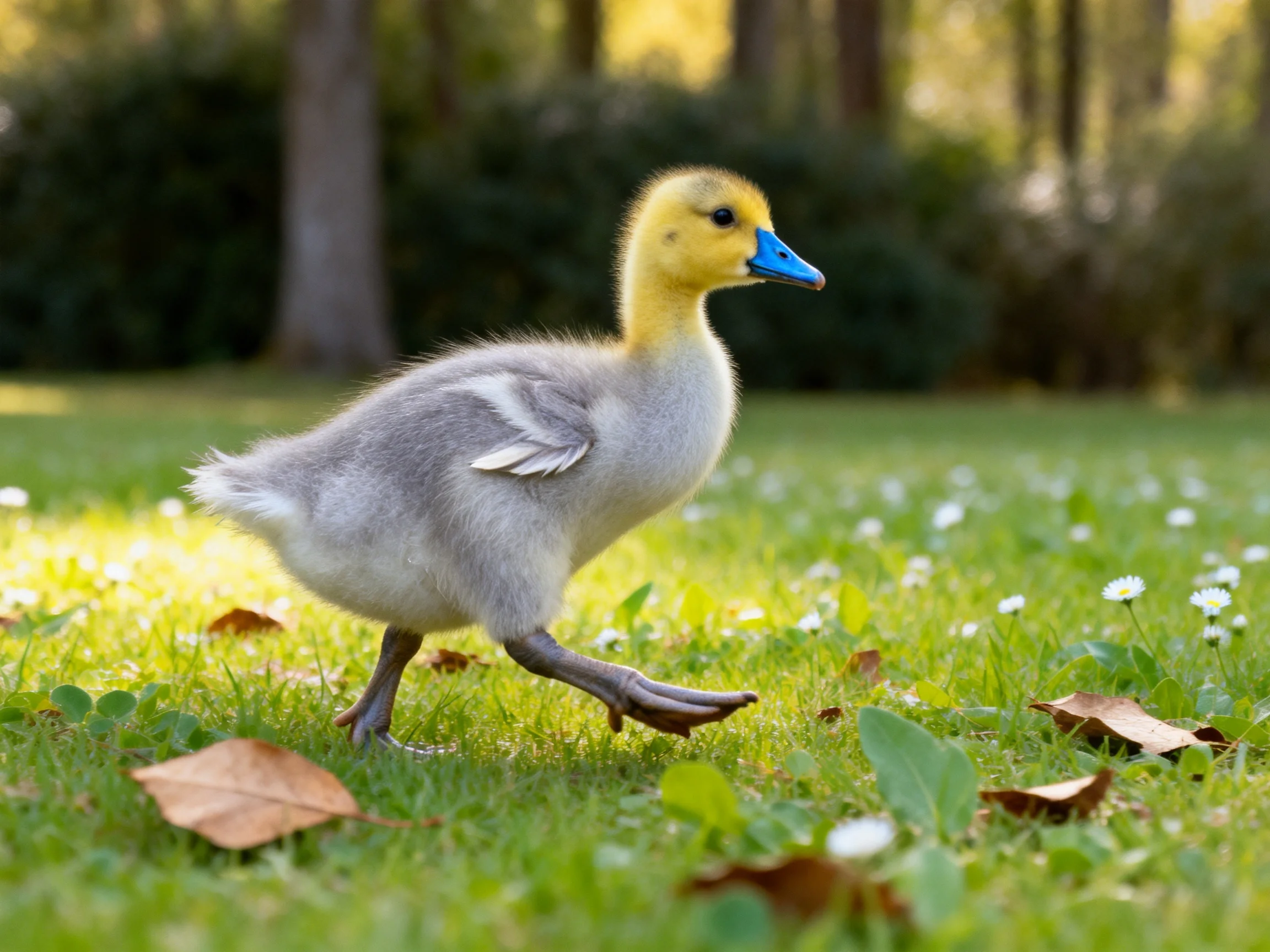 A yellow-headed duckling walks through a grassy field with scattered leaves.